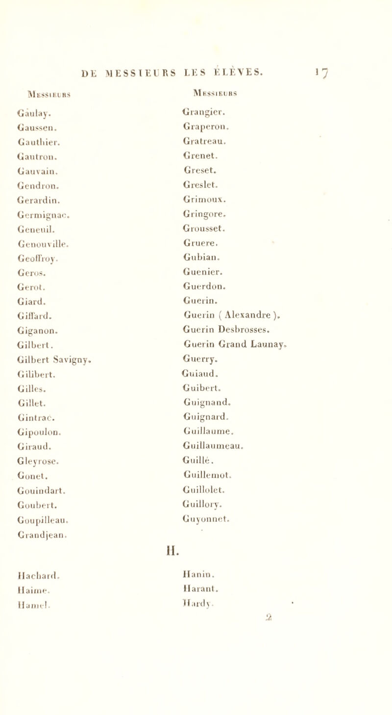 Messielrs Gâulay. Gaussen. Gautbier. Gautron. Gauvain. Gendron. Gerardin. Germignac. Geneuil. Genouville. Geoffroy. Geros. Gerot. Giard. Giffard. Giganon. Gilbert. Gilbert Savigny. Gilibert. Gilles. Gillet. Gintrac. Gipoulon. Giraud. Gleyrose. Gonet. Gouindart. Goubert. Goupilleau. Grandjean. Hachard. Hainie. Hamel- Messieurs Grangier. G ra perou. Gratreau. G renet. Greset. Greslet. Grimoux. Gringore. Grousset. Gruere. Gubian. Guenier. Guerdon. Guérin. Guérin ( Alexandre ). Guérin Desbrosses. Guérin Grand Launay. Guerry. Guiaud. Guibert. Guignand. Guignard. Guillaume. Guillaumeau. G u illé. Guillemot. Guillolet. Guillory. Guyonnet. Ilanin. Harant Harde 2