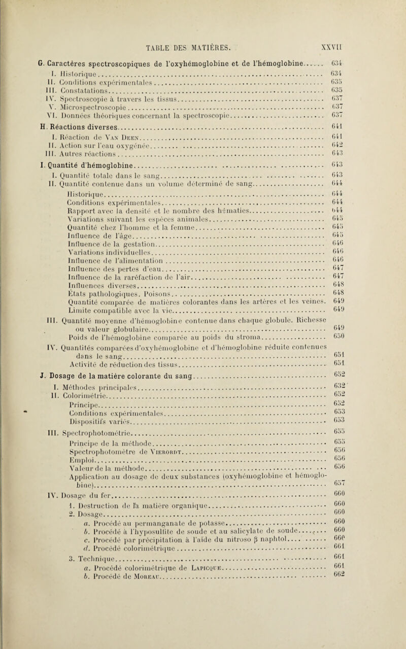 G. Caractères spectroscopiques de l’oxyhémoglobine et de l'hémoglobine. 634 I. Historique. 634 II. Conditions expérimentales. 633 III. Constatations. 635 IV. Spectroscopie à travers les tissus. 637 V. Microspectroscopie. 637 AM. Données théoriques concernant la spectroscopie. 637 H. Réactions diverses. 641 I. Réaction de Van Deen. II. Action sur l'eau oxygénée. . III. Autres réactions. I. Quantité d'hémoglobine. I. Quantité totale dans le sang. II. Quantité contenue dans un volume déterminé de sang. Historique. Conditions expérimentales. Rapport avec la densité et le nombre des hématies. Variations suivant les espèces animales. Quantité chez l’homme et la femme. Influence de l'àge. Influence de la gestation. Variations individuelles. Influence de l’alimentation. Influence des pertes d’eau. Influence de la raréfaction de l’air. Influences diverses. Etats pathologiques. Poisons. Quantité comparée de matières colorantes dans les artères et les veines. Limite compatible avec la vie. III. Quantité moyenne d’hémoglobine contenue dans chaque globule. Richesse ou valeur globulaire. Poids de l’hémoglobine comparée au poids du stroma. IV. Quantités comparées d’oxyhémoglobine et d'hémoglobine réduite contenues dans le sang. Activité de réduction des tissus. 041 042 043 043 643 044 044 644 044 645 045 045 040 040 040 047 647 648 048 649 649 049 030 051 651 J. Dosage de la matière colorante du sang. I. Méthodes principales. II. Colorimétrie. Principe. Conditions expérimentales. Dispositifs variés. III. Spectrophotométrie. Principe de la méthode. Spectrophotomètre de A’ierordt. Emploi. Araleur de la méthode. Application au dosage de deux substances (oxyhémoglobine et hémoglo¬ bine). lAr. Dosage du fer. 1. Destruction de l'a matière organique. 2. Dosage. a. Procédé au permanganate de potasse. b. Procédé à l’hyposulfite de soude et au salicylate de soude......... c. Procédé par précipitation à l’aide du nitroso (3 naphtol. cl. Procédé colorimétriquc.. 3. Technique. a. Procédé colorimétriquc de Lapicque. b. Procédé de Moreau. 652 632 652 652 653 033 655 055 650 650 650 657 600 060 000 660 660 660 601 601 661 662