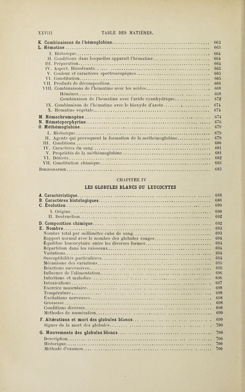 K. Combinaisons de l’hémoglobine. G63 L. Hématine. 663 I. Historique. 664 II. Conditions dans lesquelles apparaît l’hématine. 664 III. Préparation. 664 IV. Aspect. Dissolvants. 665 V. Couleur et caractères spectroscopiques. 665 VI. Constitution. 665 VII. Produits de décomposition. 666 VIII. Combinaisons de l’hématine avec les acides. .. 668 Hémines. 668 Combinaison de l’hématine avec l'acide cyanhydrique. 672 IX. Combinaison de l’hématine avec le bioxyde d’azote.. 674 X. Hématine végétale. 674 M. Hémochromogène. 674 N. Hématoporphyrine. 676 O. Méthémoglobine... 679 I. Historique. 679 II. Agents qui provoquent la formation de la méthémoglobine. 679 III. Conditions. 680 IV. Caractères du sang. 681 V. Propriétés de la méthémoglobine. 681 VI. Dérivés. 682 VII. Constitution chimique. 683 Bibliographie. 683 CHAPITRE IV LES GLOBULES BLANCS OU LEUCOCYTES A. Caractéristique. 688 B. Caractères histologiques. 688 C. Évolution. 690 I. Origine. 690 II. Destruction. 692 D. Composition chimique. 692 E. Nombre. 693 Nombre total par millimètre cube de sang. 693 Rapport normal avec le nombre des globules rouges. 694 Équilibre leucocytaire entre les diverses formes. 694 Répartition dans les vaisseaux. 694 Variations. . 694 Susceptibilités particulières. 694 Mécanisme des variations.■.. 695 Réactions successives. 695 Influence de l’alimentation. 696 Infections et maladies. 696 Intoxications. 697 Exercice musculaire. 698 Température. 698 Excitations nerveuses. 698 Grossesse. 698 Conditions diverses.‘.. 698 Méthodes de numération. 699 F. Altérations et mort des globules blancs. 699 Signes de la mort des globules. 700 G. Mouvements des globules blancs. 700 Description. 700 Historique. 700 Méthode d’examen.... . 700