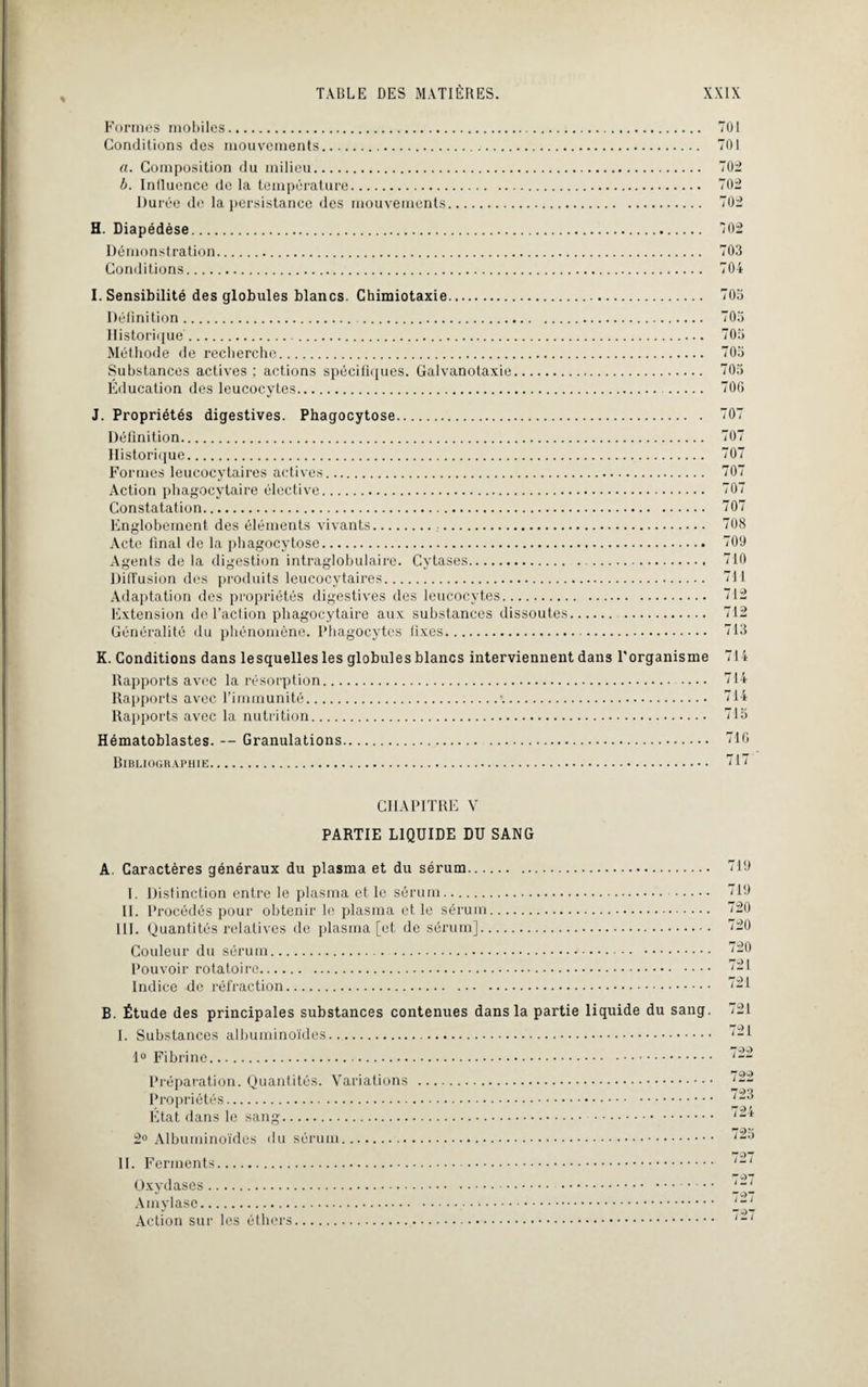 Formes mobiles. 701 Conditions des mouvements. 701 a. Composition du milieu. 702 b. Influence de la température. 702 Durée de la persistance des mouvements. 702 H. Diapédèse. 702 Démonstration. 703 Conditions. 704 I. Sensibilité des globules blancs. Chimiotaxie. 705 Définition. 703 Historique. 705 Méthode de recherche. 705 Substances actives ; actions spécifiques. Galvanotaxie. 705 Éducation des leucocytes. 70G J. Propriétés digestives. Phagocytose. 707 Définition. 707 Historique. 707 Formes leucocytaires actives. 707 Action phagocytaire élective. 707 Constatation. 707 Englobement des éléments vivants.,. 708 Acte final de la phagocytose. 709 Agents de la digestion intraglobulaire. Cytases. 710 Diffusion des produits leucocytaires. 711 Adaptation des propriétés digestives des leucocytes. 712 Extension de l’action phagocytaire aux substances dissoutes. . 712 Généralité du phénomène. Phagocytes fixes. 713 K. Conditions dans lesquelles les globules blancs interviennent dans l'organisme 714 Rapports avec la résorption. — 714 Rapports avec l’immunité. 714 Rapports avec la nutrition. 715 Hématoblastes. — Granulations. 710 Bibliographie. 71/ CHAPITRE V PARTIE LIQUIDE DU SANG A. Caractères généraux du plasma et du sérum. I. Distinction entre le plasma et le sérum.. II. Procédés pour obtenir le plasma et le sérum. III. Quantités relatives de plasma [et de sérum]. Couleur du sérum. . Pouvoir rotatoire. Indice de réfraction. B. Étude des principales substances contenues dans la partie liquide du sang. I. Substances albuminoïdes. 1° Fibrine. Préparation. Quantités. Variations . Propriétés. Etat dans le sang. 2° Albuminoïdes du sérum. II. Ferments. Oxydases. . Amylase.• • •. Action sur les éthers. 719 719 720 720 720 721 721 721 721 722 722 723