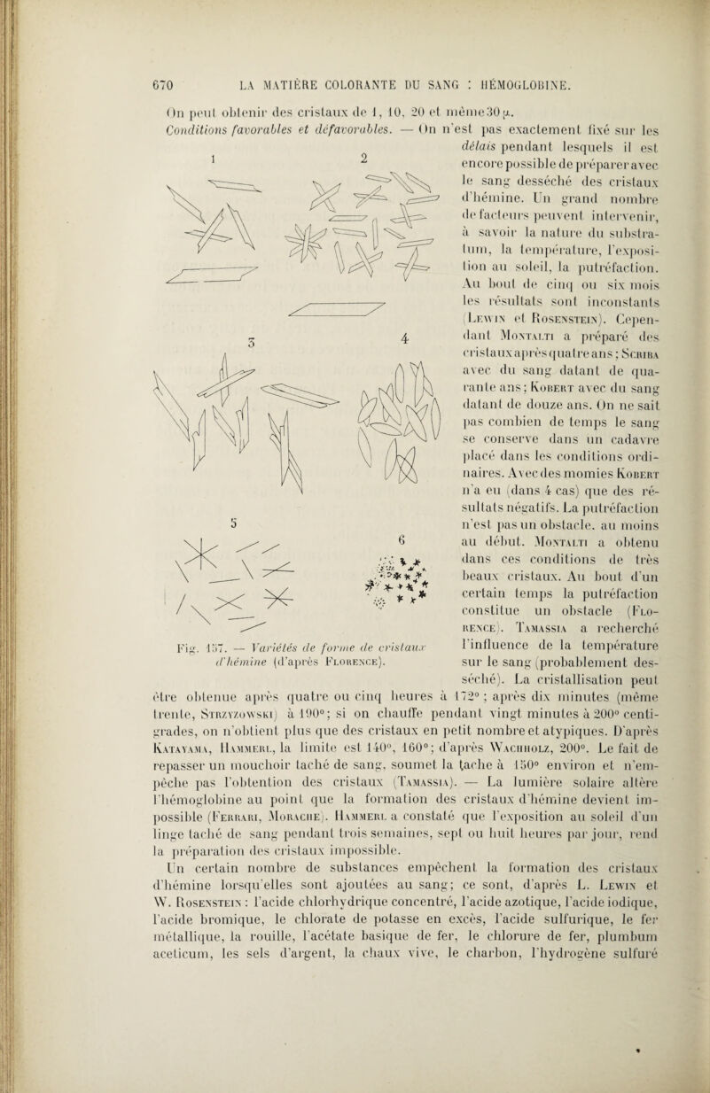 On peut obtenir des cristaux de 1, 10, 20 et même 30 [i. Conditions favorables et défavorables. — On n'est pas exactement fixé sur les délais pendant lesquels il est encore possible de préparer avec le sang desséché des cristaux d’hémine. Un grand nombre de facteurs peuvent intervenir, à savoir la nature du substra¬ tum, la température, l'exposi¬ tion au soleil, la putréfaction. Au bout de cinq ou six mois les résultats sont inconstants (Lewin et Rosenstein). Cepen¬ dant Montalti a préparé des cristaux après quatre ans ; Scriba avec du sang datant de qua¬ rante ans; Robert avec du sang datant de douze ans. On ne sait pas combien de temps le sang se conserve dans un cadavre placé dans les conditions ordi¬ naires. Avec des momies Robert n'a eu (dans 4 cas) que des ré¬ sultats négatifs. La putréfaction n’est pas un obstacle, au moins au début. Montalti a obtenu dans ces conditions de très beaux cristaux. Au bout d’un certain temps la putréfaction constitue un obstacle (Flo- rexce). Tamassia a recherché l'influence de la température sur le sang (probablement des¬ séché). La cristallisation peut être obtenue après quatre ou cinq heures à 172° ; après dix minutes (même trente, Strzyzowski) à 190°; si on chauffe pendant vingt minutes à 200° centi¬ grades, on n’obtient plus que des cristaux en petit nombre et atypiques. D'après Ratayama, Hammerl, la limite est 140°, 160°; d’après Wachiiolz, 200°. Le lait de repasser un mouchoir taché de sang, soumet la tache à 150° environ et n’em- pèclie pas l'obtention des cristaux (Tamassia). — La lumière solaire altère l’hémoglobine au point que la formation des cristaux d’hémine devient im¬ possible (Ferrari, Morache). Hammerl a constaté que l'exposition au soleil d’un linge taché de sang pendant trois semaines, sept ou huit heures par jour, rend la préparation des cristaux impossible. Un certain nombre de substances empêchent la formation des cristaux d’hémine lorsqu’elles sont ajouLées au sang; ce sont, d’après L. Lewin et W. Rosensteix : l’acide chlorhydrique concentré, l’acide azotique, l’acide iodique, l’acide bromique, le chlorate de potasse en excès, l'acide sulfurique, le fer métallique, ta rouille, l’acétate basique de fer, le chlorure de fer, plumbum aceticum, les sels d’argent, la chaux vive, le charbon, l'hydrogène sulfuré #'• 6 ;f-v *■** , * y Fig. 157. — Variétés de forme de cristaux d'hémine (d’après Florence).