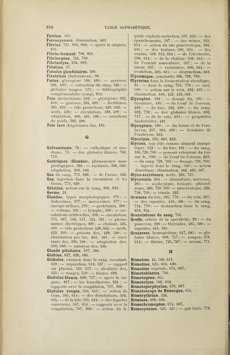 Ferrine, 105. Ferrocyanure, élimination, 403. Fibrine, 721, 810, 800; — après la saignée, 819. Fibrin-ferment. 798, 831. Fibrinogène, 724, 7G8. Fibrinolyse, 834, 810. Filiation, 37. Fistules glandulaires. 390. Fixatrices (Substances!, 99. Fœtus, glycogène 584, 499; — graisses, 586, 499; — coloration du sang, 524: — globules rouges, 570 ; — bibliographie complémentaire (sang), 853. Foie, microchimie, 382 ;— glycogène, 383, 499; — graisses, 384, 499 ; — lécithines, 385, 489; — rôle protecteur, 420, 502; — nerfs, 426; — circulation, 388, 499; — adaptation, 400, 401, 500; — variations de poids, 382. 400. Foie lavé (Expérience du), 183. G Galvanotaxie, 70; — cathodique et ano- dique, 71; — des globules blancs, 706, 719. Gastriques (Glandes), phénomènes mor¬ phologiques, 380 ; — excitants, 396, 500; adaptation, 399, 500. Gaz du sang, 773, 828; — de l’urine, 502. Gaz, injection dans la circulation et les tissus, 779, 829. Gélatine, action sur le sang, 806, 833. Germe, 24. Glandes, types morphologiques, 371 ; — holocrines, 377 ; — mérocrines, 377 ; — énergie utilisée, 376 ; —gastriques, 380 ; — volume, 391 ; — lymphe, 390 ; — cir¬ culations artificielles, 390; — circulation, 375, 387, 502, 517, 524, 581 : — phéno¬ mènes électriques, 391 ; — chaleur, 425, 499 ; — rôle protecteur, 420,502 ; — nerfs, 423, 499; — poisons des, 429, 500: — élimination par les, 401, 501; — exci¬ tants des, 396, 500 ; — adaptation des, 399, 500; — autolyse des, 506. Glande pituitaire, 497, 506. Globine. 627, 628, 684. Globules, examen dans le sang circulant, 518: — séparation, 518, 557 ; — rapport au plasma, 521, 557; — alcalinité des, 535; — rouges, 559; — blancs, 088. Globules blancs, 688, 717 ; — après la sai¬ gnée, 817 ; — les transfusions, 824 ; — rapports avec la coagulaton, 797, 800. Globules rouges, 559, 611 ; — action de l’eau, 593, 614: — des dissolutions, 594, 614 ; — de la bile, 595, 614 : — des liquides cancéreux, 597, 614; — rapports avec la coagulation, 797, 800 ; — action du li¬ quide céphalo-rachidien, 597, 850 ; — des épanchements, 597 ; — des urines, 593, 614; — action du suc pancréatique, 598, 614 ; — des toxines, 598, 614 ; — des venins, 598, 613, 614 ; — de l’électricité, 599, 614 ; — de la chaleur, 598, 614 ; — de l’extrait musculaire, 597 ; — de la sueur, 597 ; — résistance, 600, 614 ; — évolution, 605, 615 ; — destruction, 611. Glycémique, constante, 186, 729, 769. Glycérine dans la fermentation alcoolique, 84 ; — dans le sang, 735, 770 ; — sort, 509 ; — action sur le rein, 432, 433 ; — élimination, 405, 432, 433, 501. Glycogène, 182 ; — dosage du, 183 : — lissulaire, 185 ; — de l’œuf de l’oiseau, 210 : — du foie, 382, 499 ; — du sang, 692, 770 ; — des globules blancs, 692, 717 ; — do la rate, 493 ; — propriétés bactéricides, 421. Glycogénie, 180 ; — du fœtus et de l’em¬ bryon, 207, 384, 499 ; — tissulaire de l’embryon, 212. Glycolyse, 189, 809, 833. Glycose, son rôle comme aliment énergé¬ tique, 132 ; — du foie, 181 ; — du sang, 180,728,768; — pouvoir rétcnteur du foie sur le, 190: — de l’œuf de l'oiseau, 212; — du sang, 728, 768 : — dosage, 73 J r 769 ; - injecté dans le sang, 509 : — action diurétique, élimination, 402, 405, 507. Glyco-sécréteurs, nerfs, 226, 737. Glycosurie, 204 ; — alimentaire, nerveuse, 205 ; — asphyxique, toxique, phlorid- zique, 206, 730, 769 ; — pancréatique, 220, 730, 769; — rénale, 222. Graisses du foie, 585, 770; —du rein, 387; — des capsules, 449, 506; — du sang, 734, 770 ; — destruction dans le sang, 810, 834. Granulations du sang, 716. Greffe, critère de la spécificité, 29 ; — du pancréas, 220: — thyroïdes, 485,506; — capsules, 443, 505. Grossesse, hémoglobine, 647, 685; —glo¬ bules blancs, 698, 717 ; — rouges, 578, 612; — fibrine, 723,767; — sérum, 771. H Hématies, 44, 560, 611. Hématine, 625, 663, 686. Hématine végétale, 074, 687. Hématoblastes, 716. Hématogène, 165. Hématolyse, 592, 614. Hématoporphyrine, 676, 687. Hématoscope de Hénocque, 655. Hémérythrine, 524. Hémines, 668, 686. Hémochromogène, 674, 687. Hémocyanine, 523, 525 ; — gaz fixés, 778.