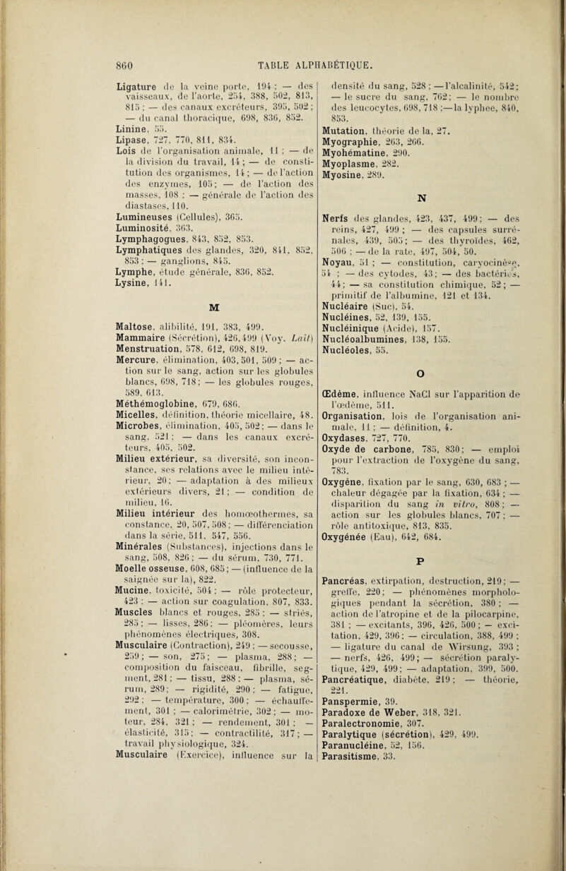 Ligature de la veine porte, 194 : — des vaisseaux, de l’aorte, 254, 388, 502, 813, 815 : — des canaux excréteurs, 395, 502 ; — du canal thoracique, 698, 830, 852. Linine. 55. Lipase, 727, 770, 811, 834. Lois de l’organisation animale, 11 : — de la division du travail, 14 ; — de consti¬ tution des organismes, 14; — de l'action des enzymes, 105 ; — de l'action des masses, 108 : — générale de l’action des diastases, 110. Lumineuses (Cellules), 365. Luminosité, 303. Lymphagogues, 843, 852, 853. Lymphatiques des glandes, 320, 841, 852, 853 ; — ganglions, 845. Lymphe, étude générale, 830, 852. Lysine, 141. M Maltose. alibilité, 191, 383, 499. Mammaire (Sécrétion), 426,499 (Voy. Lait) Menstruation, 578, 612, 098, 819. Mercure, élimination, 403,501, 509; — ac¬ tion sur le sang, action sur les globules blancs, 698, 718; — les globules rouges, 589, 613. Méthémoglobine, 079, 686. Micelles, définition, théorie micellaire, 48. Microbes, élimination, 405, 502; — dans le sang, 521 : — dans les canaux excré¬ teurs, 405, 502. Milieu extérieur, sa diversité, son incon¬ stance, scs relations avec le milieu inté¬ rieur, 20; — adaptation à des milieux extérieurs divers, 21; — condition de milieu, 16. Milieu intérieur des homœothermes, sa constance, 20, 507, 508; — différenciation dans la série, 511. 547, 556. Minérales (Substances), injections dans le sang, 508, 826: — du sérum, 730, 771. Moelle osseuse. 608, 685 ; — (influence de la saignée sur la), 822. Mucine, toxicité, 504 : — rôle protecteur, 423 : — action sur coagulation, 807, 833. Muscles blancs et rouges, 285 : — striés, 285; — lisses, 286; — pléomères, leurs phénomènes électriques, 308. Musculaire (Contraction), 249 ; —secousse, 259 ; — son, 275 ; — plasma, 288 ; — composition du faisceau, fibrille, seg¬ ment, 281; — tissu, 288;— plasma, sé¬ rum, 289; — rigidité, 290; — fatigue, 292 ; — température, 300 ; — échaulfc- ment, 301 ; — calorimétrie, 302 ; — mo¬ teur, 284, 321 ; — rendement, 301 ; — élasticité, 315; — contractilité, 317; — travail physiologique, 324. Musculaire (Exercice), influence sur la densité du sang, 528 ; —l’alcalinité, 542; — le sucre du sang, 762; — le nombre des leucocytes, 698, 718 ;—la lyphee, 840, 853. Mutation, théorie de la, 27. Myographie, 263, 266. Myohématine, 290. Myoplasme, 282. Myosine, 289. N Nerfs des glandes, 423, 437, 499; — des reins, 427, 499 ; — des capsules surré¬ nales, 439, 505; — des thyroïdes, 462, 506 ; — de la rate, 497, 504, 50. Noyau, 51 ; — constitution, caryocinèse, 51 ; — des cytodes, 43; — des bactéries, 44; —sa constitution chimique, 52; — primitif de l’albumine, 121 et 134. Nucléaire (Suc), 54. Nucléines, 52, 139, 155. Nucléinique (Acide), 157. Nucléoalbumines, 138, 155. Nucléoles, 55. O Œdème, influence NaCl sur l’apparition de l’œdème, 511. Organisation, lois de l’organisation ani¬ male, il ; — définition, 4. Oxydases, 727, 770. Oxyde de carbone, 785, 830; — emploi pour l’extraction de l’oxygène du sang, 783. Oxygène, fixation par le sang, 630, 683 ; — chaleur dégagée par la fixation, 634 ; — disparition du sang in vitro, 808 ; — action sur les globules blancs, 707 ; — rôle antitoxique, 813, 835. Oxygénée (Eau), 642, 684. P Pancréas, extirpation, destruction, 219; — greffe, 220; — phénomènes morpholo¬ giques pendant la sécrétion, 380 ; — action de l’atropine et de la pilocarpine, 381 ; — excitants, 396, 426, 500 ; — exci¬ tation, 429, 396; — circulation, 388, 499 ; — ligature du canal de Wirsung, 393 ; — nerfs, 426, 499 ; — sécrétion paraly¬ tique, 429, 499; — adaptation, 399, 500. Pancréatique, diabète, 219 ; — théorie, 221. Panspermie, 39. Paradoxe de Weber, 318, 321. Paralectronomie, 307. Paralytique (sécrétion), 429, 499. Paranucléine, 52, 156. Parasitisme. 33.