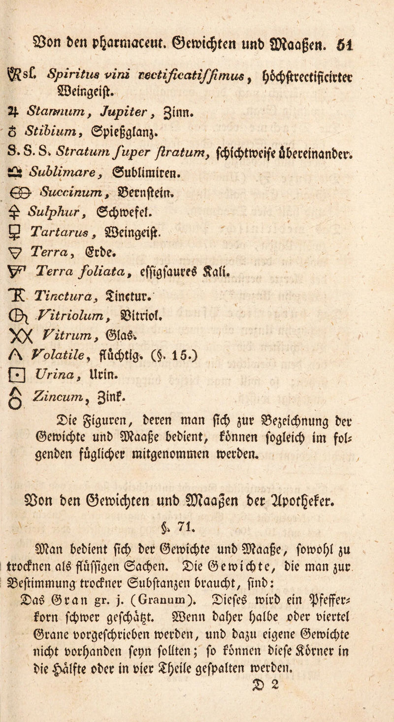 Sßon ben pfjarmaccut. ©ernsten unb SDJaofkn. 61 'jRsf. Spiritus vini tectificatiffimus, £)6c^ftcectificivtet £Beingei|h t 2J. Starmum, Jupiter, 3inn* <$ Stibium, ©piegglanj. S. S. S. Stratum fuper ßratum> fcbicbtweife öbereinanber. tQj Sublimare, Sublirairea. QD Succinum, SSernfiem* ^ Sutphur, ©cbtoefet. 5 Tartarus 9 £3em$dff. Terra, (§rbe. ^ Terra foliata, effigfaure$ $aü. TC Tincturä, Sinctur. 'V' , , Vitriolum, §8itriof. XX Vitrum, ©ia& A Volatile, f{ucb%. (§. 15.) 0 Urina, Urin. ^ ZAncum^ 3fof* 2>le giguren, beren man (ich $ur §3esei<bnung bei* ©erntete unb 3ftaage bebient, fbnnen fogieid) im foU genben fuglicber mitgenommen toerben. 23on ben ©emic^ten unb !D?aagen ber 2lpot^efer. §> 71. C0?an bebient ftd> ber ©enriebte unb9)?aa§e, fomof)i $u troefnen a(S ftüfftgen ©acben. 2)ie ©emiebte, bie man jur £3eftimmung troefner ©ubftanaen braucht, ftnb: £>a$ ©ran gr. j. (Granum). £)iefe$ mich ein Pfeffer* fern febtoer gefehlt £Benn bal)er halbe ober oieetel ©rane oorgefebrieben merben, unb baju eigene ©emiebte nicht ood)anben fepn foliten; fo fonnen biefe $brner in bie |valfte ober in oier Sf;eiie gefpalten merbem £> 2