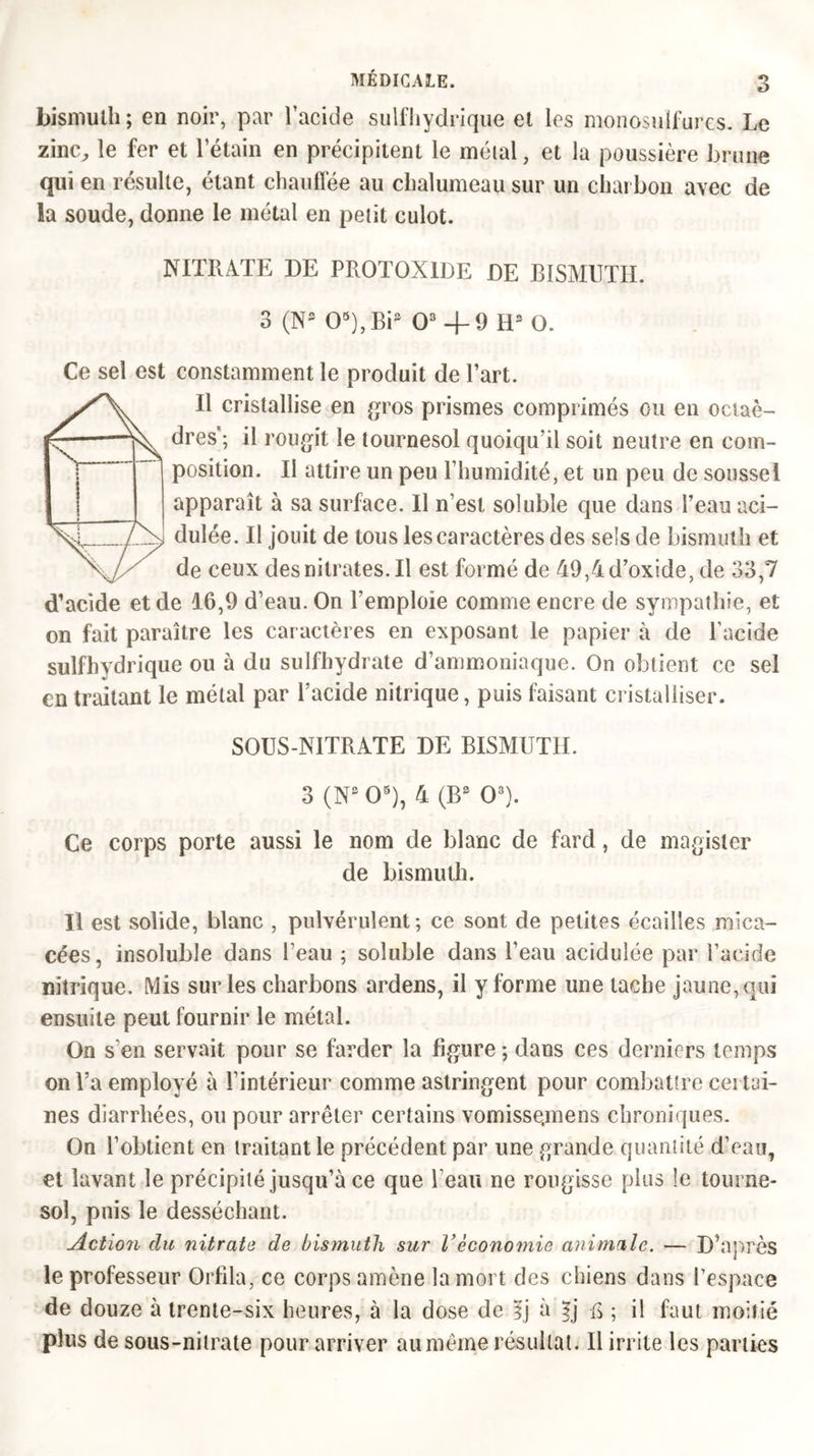 bismuth; en noir, par l’acide sulfhydrique et les monosulfures. Le zinc, le fer et l’étain en précipitent le métal, et la poussière brune qui en résulte, étant chauffée au chalumeau sur un charbon avec de la soude, donne le métal en petit culot. NITRATE DE PROTOX1DE DE BISMUTH. 3 (N? O5), Br O3 4- 9 H3 O. Ce sel est constamment le produit de l’art. Il cristallise en gros prismes comprimés ou en octaè- dres ; il rougit le tournesol quoiqu’il soit neutre en com- position. Il attire un peu l’humidité, et un peu de soussel apparaît à sa surface. Il n’est soluble que dans l’eau aci- dulée. Il jouit de tous les caractères des sels de bismuth et de ceux desnitrates.il est formé de 49,4 d’oxide, de 33,7 d’acide et de 46,9 d’eau. On l’emploie comme encre de sympathie, et on fait paraître les caractères en exposant le papier à de l'acide sulfhydrique ou à du sulfhydrate d’ammoniaque. On obtient ce sel en traitant le métal par l’acide nitrique, puis faisant cristalliser. SOUS-NITRATE DE BISMUTH. 3 (Ns Os), 4 (Bs O3). Ce corps porte aussi le nom de blanc de fard, de magister de bismuth. Il est solide, blanc , pulvérulent; ce sont de petites écailles mica- cées, insoluble dans l’eau ; soluble dans l’eau acidulée par l’acide nitrique. Mis sur les charbons ardens, il y forme une tache jaune, qui ensuite peut fournir le métal. On s’en servait pour se farder la figure ; dans ces derniers temps on l’a employé à l’intérieur comme astringent pour combattre certai- nes diarrhées, ou pour arrêter certains vomissejnens chroniques. On l’obtient en traitant le précédent par une grande quantité d’eau, et lavant le précipité jusqu’à ce que l'eau ne rougisse plus le tourne- sol, puis le desséchant. Action clu nitrate de bismuth sur Véconomie animale. — D’après le professeur Orfila, ce corps amène la mort des chiens dans l’espace de douze à trente-six heures, à la dose de f j à |j is ; il faut moitié plus de sous-nitrate pour arriver au même résultat. Il irrite les parties