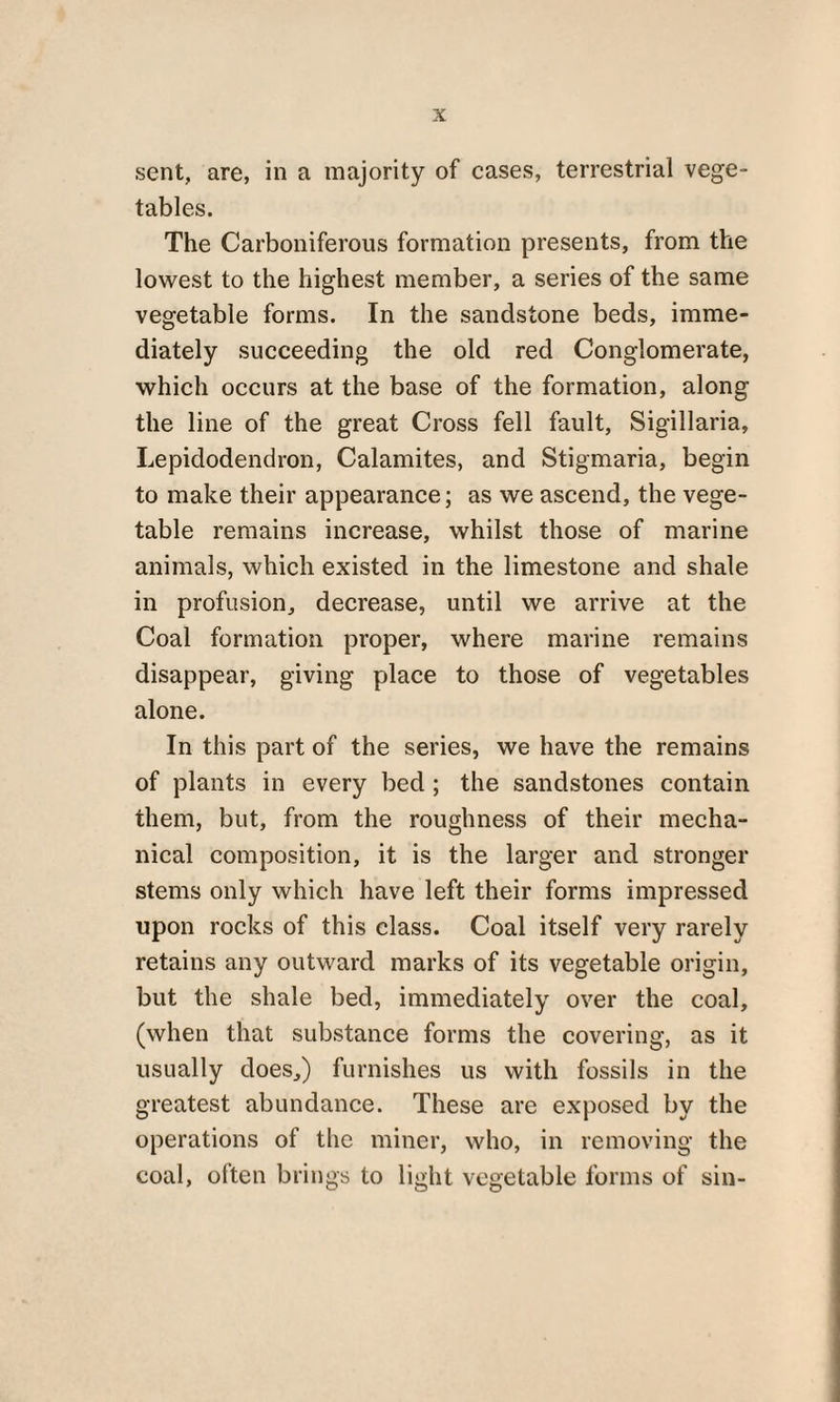 sent, are, in a majority of cases, terrestrial vege¬ tables. The Carboniferous formation presents, from the lowest to the highest member, a series of the same vegetable forms. In the sandstone beds, imme¬ diately succeeding the old red Conglomerate, which occurs at the base of the formation, along the line of the great Cross fell fault, Sigillaria, Lepidodendron, Calamites, and Stigmaria, begin to make their appearance; as we ascend, the vege¬ table remains increase, whilst those of marine animals, which existed in the limestone and shale in profusion, decrease, until we arrive at the Coal formation proper, where marine remains disappear, giving place to those of vegetables alone. In this part of the series, we have the remains of plants in every bed ; the sandstones contain them, but, from the roughness of their mecha¬ nical composition, it is the larger and stronger stems only which have left their forms impressed upon rocks of this class. Coal itself very rarely retains any outward marks of its vegetable origin, but the shale bed, immediately over the coal, (when that substance forms the covering, as it usually does,) furnishes us with fossils in the greatest abundance. These are exposed by the operations of the miner, who, in removing the coal, often brings to light vegetable forms of sin-