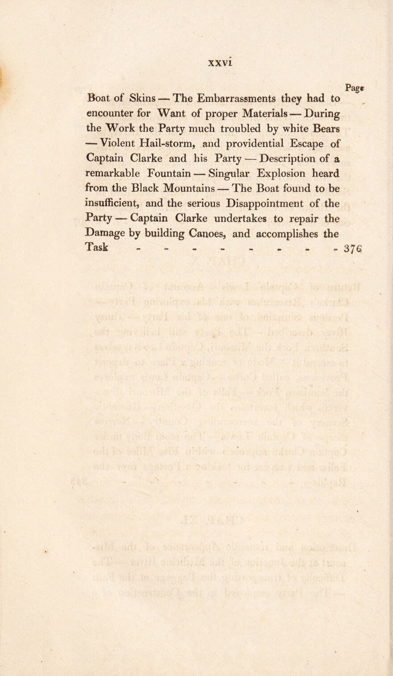 Boat of Skins — The Embarrassments they had to encounter for Want of proper Materials — During the Work the Party much troubled by white Bears —-Violent Hail-storm, and providential Escape of Captain Clarke and his Party — Description of a remarkable Fountain — Singular Explosion heard from the Black Mountains — The Boat found to be insufficient, and the serious Disappointment of the Party — Captain Clarke undertakes to repair the Damage by building Canoes, and accomplishes the Task -------- 3?6