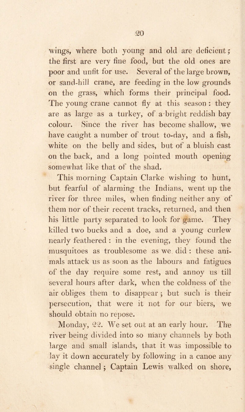 wings, where both young and old are deficient; the first are very fine food, but the old ones are poor and unfit for use. Several of the large brown, or sand-hill crane, are feeding in the low grounds on the grass, which forms their principal food. The young crane cannot fly at this season : they are as large as a turkey, of a bright reddish bay colour. Since the river has become shallow, we have caught a number of trout to-day, and a fish, white on the belly and sides, but of a bluish cast on the back, and a long pointed mouth opening somewhat like that of the shad. This morning Captain Clarke wishing to hunt, but fearful of alarming the Indians, went up the river for three miles, when finding neither any of them nor of their recent tracks, returned, and then his little party separated to look for game. They killed two bucks and a doe, and a young curlew nearly feathered : in the evening, they found the musquitoes as troublesome as we did : these ani¬ mals attack us as soon as the labours and fatigues of the day require some rest, and annoy us till several hours after dark, when the coldness of the air obliges them to disappear ; but such is their persecution, that were it not for our biers, we should obtain no repose. Monday, 22. We set out at an early hour. The river being divided into so many channels by both large and small islands, that it was impossible to lay it down accurately by following in a canoe any single channel; Captain Lewis walked on shore.