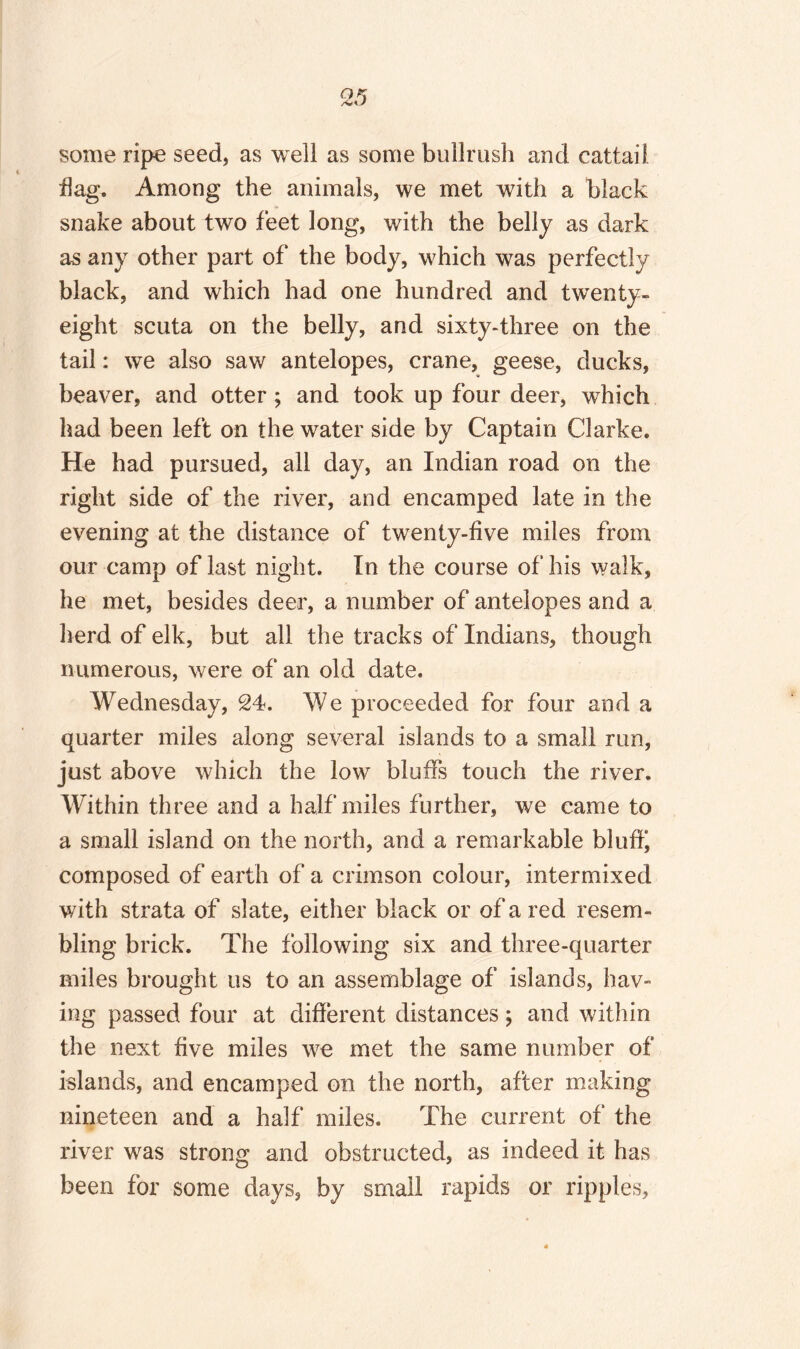 some ripe seed, as well as some bullrush and cattail dag. Among the animals, we met with a black snake about two feet long, with the belly as dark as any other part of the body, which was perfectly black, and which had one hundred and twenty- eight scuta on the belly, and sixty-three on the tail: we also saw antelopes, crane, geese, ducks, beaver, and otter; and took up four deer, which had been left on the water side by Captain Clarke. He had pursued, all day, an Indian road on the right side of the river, and encamped late in the evening at the distance of twenty-five miles from our camp of last night. In the course of his walk, he met, besides deer, a number of antelopes and a herd of elk, but all the tracks of Indians, though numerous, were of an old date. Wednesday, 24. We proceeded for four and a quarter miles along several islands to a small run, just above which the low bluffs touch the river. Within three and a half miles further, we came to a small island on the north, and a remarkable bluff) composed of earth of a crimson colour, intermixed with strata of slate, either black or of a red resem¬ bling brick. The following six and three-quarter miles brought us to an assemblage of islands, hav¬ ing passed four at different distances; and within the next five miles we met the same number of islands, and encamped on the north, after making nineteen and a half miles. The current of the river was strong and obstructed, as indeed it has been for some days, by small rapids or ripples,