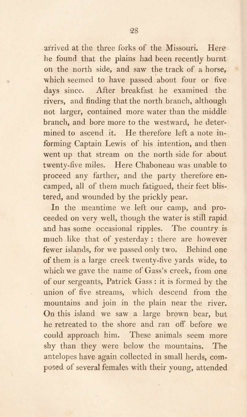 arrived at the three forks of the Missouri. Here he found that the plains had been recently burnt on the north side, and saw the track of a horse, which seemed to have passed about four or five days since. After breakfast he examined the rivers, and finding that the north branch, although not larger, contained more water than the middle branch, and bore more to the westward, he deter¬ mined to ascend it. He therefore left a note in¬ forming Captain Lewis of his intention, and then went up that stream on the north side for about twenty-five miles. Here Chaboneau was unable to proceed any farther, and the party therefore en¬ camped, all of them much fatigued, their feet blis¬ tered, and wounded by the prickly pear. In the meantime we left our camp, and pro¬ ceeded on very well, though the water is still rapid and has some occasional ripples. The country is much like that of yesterday : there are however fewer islands, for we passed only two. Behind one of them is a large creek twenty-five yards wide, to which we gave the name of Gass’s creek, from one of our sergeants, Patrick Gass : it is formed by the union of five streams, which descend from the mountains and join in the plain near the river. On this island we saw a large brown bear, but he retreated to the shore and ran off before we could approach him. These animals seem more shy than they were below the mountains. The antelopes have again collected in small herds, com¬ posed of several females with their young, attended