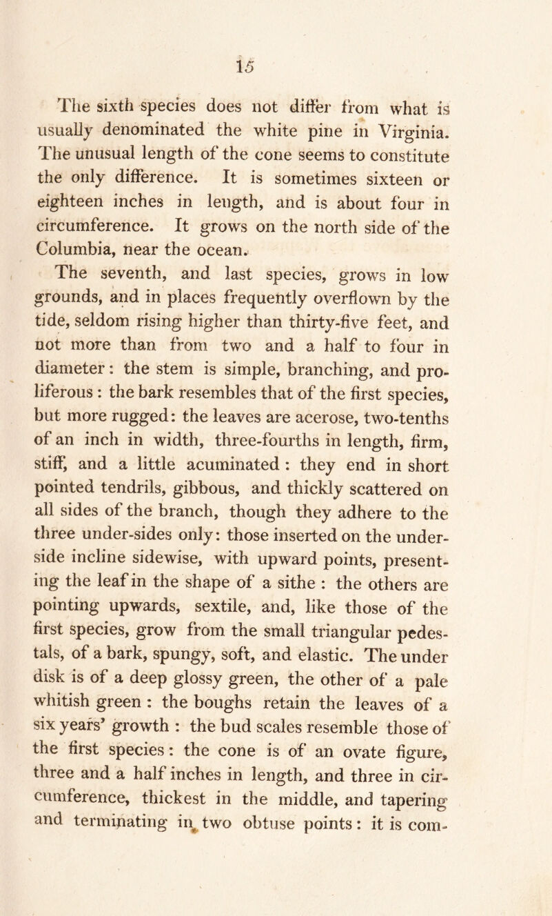 The sixth species does not ditier from what is usually denominated the wrhite pine in Virginia. The unusual length of the cone seems to constitute the only difference. It is sometimes sixteen or eighteen inches in length, and is about four in circumference. It grows on the north side of the Columbia, near the ocean. The seventh, and last species, grows in low grounds, and in places frequently overflown by the tide, seldom rising higher than thirty-five feet, and not more than from two and a half to four in diameter: the stem is simple, branching, and pro¬ liferous : the bark resembles that of the first species, but more rugged: the leaves are acerose, two-tenths of an inch in width, three-fourths in length, firms stiff, and a little acuminated : they end in short pointed tendrils, gibbous, and thickly scattered on all sides of the branch, though they adhere to the three under-sides only: those inserted on the under¬ side incline sidewise, with upward points, present¬ ing the leaf in the shape of a sithe : the others are pointing upwards, sextile, and, like those of the first species, grow from the small triangular pedes¬ tals, of a bark, spungy, soft, and elastic. The under disk is of a deep glossy green, the other of a pale whitish green : the boughs retain the leaves of a six years’ growth : the bud scales resemble those of the first species: the cone is of an ovate figure, three and a half inches in length, and three in cir¬ cumference, thickest in the middle, and tapering and terminating in^ two obtuse points: it is com-