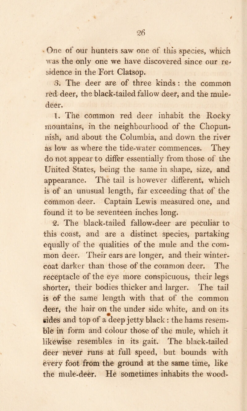 # ' One of our hunters saw one of this species, which was the only one we have discovered since our re^ si deuce in the Fort Clatsop. 3. The deer are of three kinds : the common red deer, the black-tailed fallow deer, and the mule- deer. 1. The common red deer inhabit the Rocky mountains, in the neighbourhood of the Chopun- nish, and about the Columbia, and down the river as low as where the tide-water commences. They do not appear to differ essentially from those of the United States, being the same in shape, size, and appearance. The tail is however different, which is of an unusual length, far exceeding that of the common deer. Captain Lewis measured one, and found it to be seventeen inches long. 2. The black-tailed fallow-deer are peculiar to this coast, and are a distinct species, partaking equally of the qualities of the mule and the com¬ mon deer. Their ears are longer, and their winter- coat darker than those of the common deer. The receptacle of the eye more conspicuous, their legs shorter, their bodies thicker and larger. The tail is of the same length with that of the common deer, the hair on the under side white, and on its sides and top of a deep jetty black : the hams resem¬ ble in form and colour those of the mule, which it likewise resembles in its gait. The black-tailed deer never runs at full speed, but bounds with every foot from the ground at the same time, like the mule-deer. He sometimes inhabits the wood-