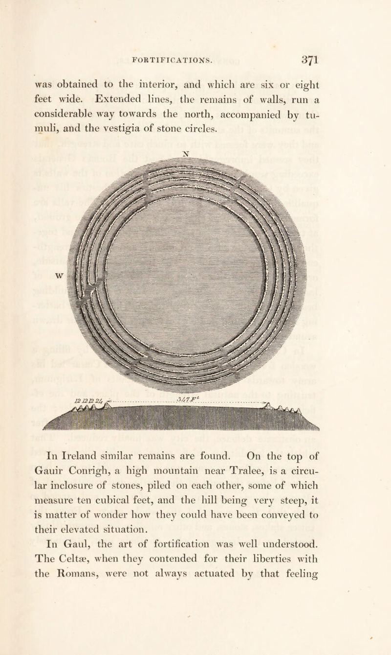 was obtained to the interior, and which are six or eight feet wide. Extended lines, the remains of walls, run a considerable way towards the north, accompanied by tu¬ muli, and the vestigia of stone circles. N In Ireland similar remains are found. On the top of Gauir Conrigh, a high mountain near Tralee, is a circu¬ lar inclosure of stones, piled on each other, some of which measure ten cubical feet, and the hill being very steep, it is matter of wonder how they could have been conveyed to their elevated situation. In Gaul, the art of fortification was well understood. The Celtse, when they contended for their liberties with the Romans, were not always actuated by that feeling