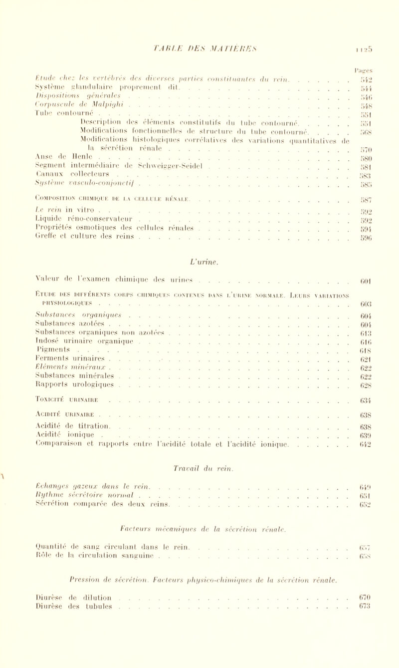 ht mit' chez les vertèbres des diverses parties eotistilunnl.es du rein. Système glandulaire proprement dit. Dispositions gêttérttles Corpuscule de Malpighi lube contourné ...... Description des éléments conslilulifs du tube contourné. Modifications fonctionnelles de structure du tube contourné. Modifications histologiques corrélatives des vuriulums quantitatives la sécrétion rénale. Anse de llenle. Segment intermédiaire de Schweigger-Seidel ('.anaux collecteurs. Système vasculo-conjoncli/. Composition chimique de la cellule rénale l.e rein in vitro. Liquide réno-conservateur. Propriétés osmotiques des cellules rénales. Greffe et culture des reins. filtres 542 544 54(i 548 551 551 558 570 580 581 583 585 587 502 592 594 595 L’urine. Valeur de l’examen chimique des urines.OUI l-.TUDE DES DIFFÉRENTS COUPS CHIMIQUES CONTENUS DANS I.VlllM; NORMALE. LEURS VARIATIONS PHYSIOLOGIQUES. (jOd Substances organiques. 554 Substances azotées. 501 Substances organiques non azotées.51:1 ludosé urinaire organique.515 Pigments.518 Ferments urinaires.521 Eléments minéraux.522 Substances minérales.522 Rapports urologiques.528 Toxicité urinaire.534 Acidité urinaire.538 Acidité de titration. . . 538 Acidité ionique . 530 Comparaison et rapports entre l’acidité totale et l’acidité ionique.542 Travail du rein. Echanges gazeux dans le rein.540 Hgtlimc sécrétoire normal.55| Sécrétion comparée des deux reins.552 Facteurs mécaniques de la sécrétion rénale. Quantité de sang circulant dans le rein. .557 Rôle de la circulation sanguine.55s Pression de sécrétion. Facteurs physieo~chiniiques de la sécrétion rénale. Diurèse de dilution.570 Diurèse des tubules.573