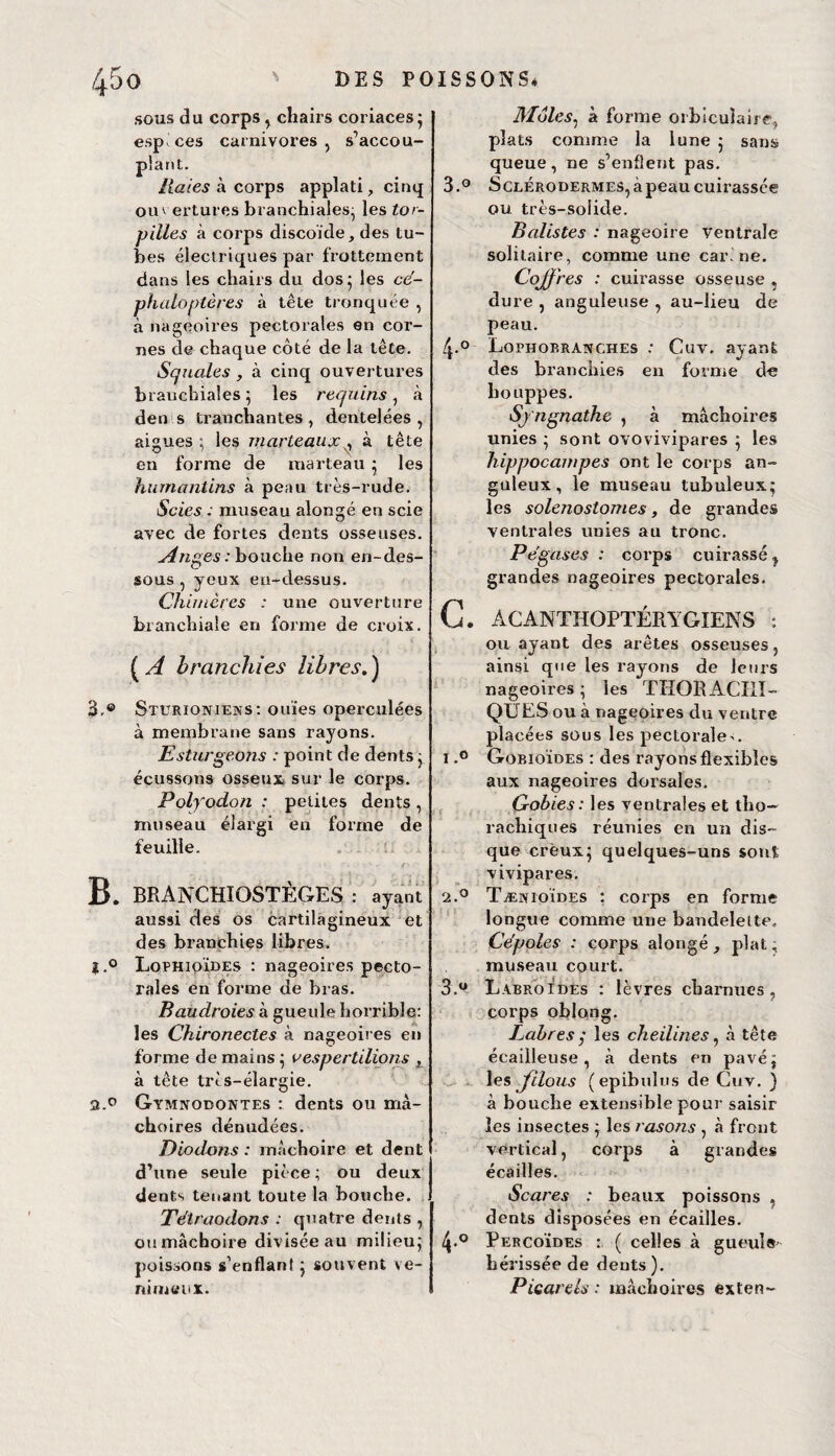 sous du corps, chairs coriaces; espaces carnivores, s’accou¬ plant. Haies à corps applati, cinq om ertures branchiales; les tor¬ pilles à corps discoïde, des tu¬ bes électriques par frottement dans les chairs du dos; les cé- phaloptères à tête tronquée , à nageoires pectorales en cor¬ nes de chaque côté de la tête. Squales , à cinq ouvertures branchiales ; les requins, à den s tranchantes, dentelées, aigues ; les marteaux , à tête en forme de marteau ; les humant ins à peau très-rude. Scies : museau alongé en scie avec de fortes dents osseuses. Anges: bouche non en-des¬ sous , jeux en-dessus. Chimères : une ouverture branchiale en forme de croix. ( A branchies libres. ) 3.® Sterioniems: ouïes operculées à membrane sans rayons. Esturgeons : point de dents ; Polyodon : petites dents, museau élargi en forme de feuille. B. BRANCHIOSTÈGES : ayant aussi des os cartilagineux et des branchies libres. |.° Lophiqïdes : nageoires pecto¬ rales en forme de bras. Baudroies à gueule horrible: les Chironectes à nageoires en forme de mains ; vespertilions , à tête tris-élargie. Gvmîvodontes : dents ou mâ¬ choires dénudées. Diodons : mâchoire et dent d’une seule pièce ; ou deux dents tenant toute la bouche. Tétraodons : quatre dents , ou mâchoire divisée au milieu; poissons s’enflant ; souvent ve¬ nimeux. Moles^ à forme orbicuîaire, plats comme la lune ; sans queue, ne s’enflent pas. 3.° ScLÉRODERMES,àpeaucuirassée ou très-solide. Batistes : nageoire Ventrale solitaire, comme une cari ne. Cojf 'res : cuirasse osseuse , dure , anguleuse , au-lieu de peau. /p° Lophobranches : Çuv. ayant des branchies en forme de houppes. Syngnathe , à mâchoires unies ; sont ovovivipares ; les hippocampes ont le corps an¬ guleux, le museau tubuleux; les sole?iostor?ies, de grandes ventrales unies au tronc. Pégases : corps cuirassé^ grandes nageoires pectorales. C. ACANTHGPTÉRYGIENS : ou ayant des arêtes osseuses, ainsi que les rayons de leurs nageoires ; les THORACIII- QUES ou à nageoires du ventre placées sous les pectorale-. 1. ° Gobioïdes : des rayons flexibles aux nageoires dorsales. Gobies : les ventrales et tho— rachiques réunies en un dis¬ que creux; quelques-uns sont vivipares. 2. ° Tænioïdes : corps en forme longue comme une bandelette. Cépoles : corps alongé , plat ; museau court. 3. ° LabroIdes : lèvres charnues, corps oblong. Labres y les cheilines, à tête écailleuse, à dents en pavé; les filous (epibulus de Cuv. ) à bouche extensible pour saisir les insectes ; les rasons , à front vertical, corps à grandes écailles. Scares : beaux poissons » dents disposées en écailles. 4-° Percoïdes : ( celles à gueule- hérissée de dents ). Piearels : mâchoires exten-
