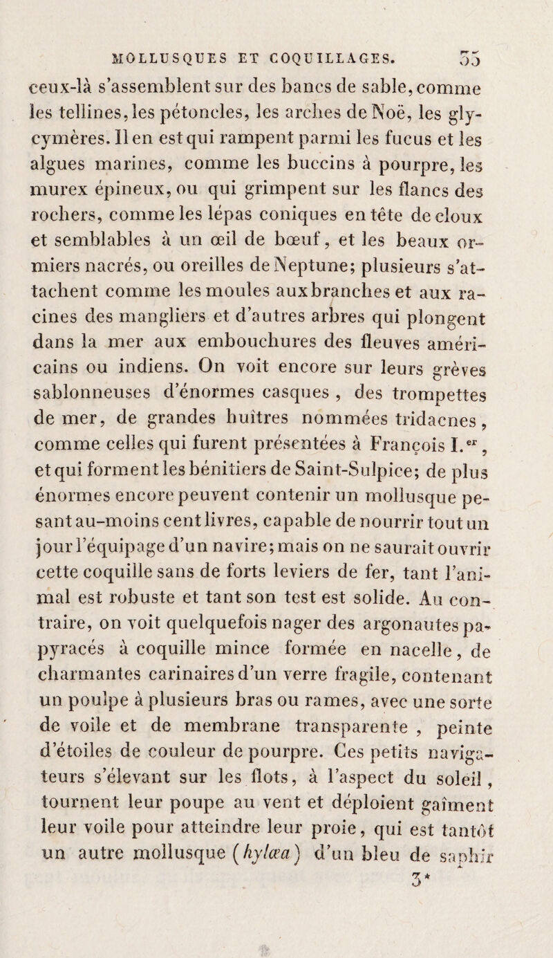 ceux-là s’assemblent sur des bancs de sable, comme les tellines,les pétoncles, les arches deNoë, les gly- cymères. lien est qui rampent parmi les fucus et les algues marines, comme les buccins à pourpre, les murex épineux, ou qui grimpent sur les flancs des rochers, comme les lépas coniques entête de doux et semblables à un œil de bœuf, et les beaux or- miers nacrés, ou oreilles de Neptune; plusieurs s’at¬ tachent comme les moules aux branches et aux ra¬ cines des mangliers et d’autres arbres qui plongent dans la mer aux embouchures des fleuves améri¬ cains ou indiens. On voit encore sur leurs grèves sablonneuses d’énormes casques , des trompettes de mer, de grandes huîtres nommées tridacnes, comme celles qui furent présentées à François , et qui forment les bénitiers de Saint-Sulpice; de plus énormes encore peuvent contenir un mollusque pe¬ sant au-moins cent livres, capable de nourrir tout un jour l’équipage d’un navire; mais on ne saurait ouvrir cette coquille sans de forts leviers de fer, tant Faoi- mal est robuste et tant son test est solide. Au con¬ traire, on voit quelquefois nager des argonautes pa- pyracés à coquille mince formée en nacelle, de charmantes carinaires d’un verre fragile, contenant un poulpe à plusieurs bras ou rames, avec une sorte de voile et de membrane transparente , peinte d’étoiles de couleur de pourpre. Ces petits naviga¬ teurs s’élevant sur les flots, à l’aspect du soleil, tournent leur poupe au vent et déploient gaîment leur voile pour atteindre leur proie, qui est tantôt un autre mollusque [kylœa] d’un bleu de saoblr