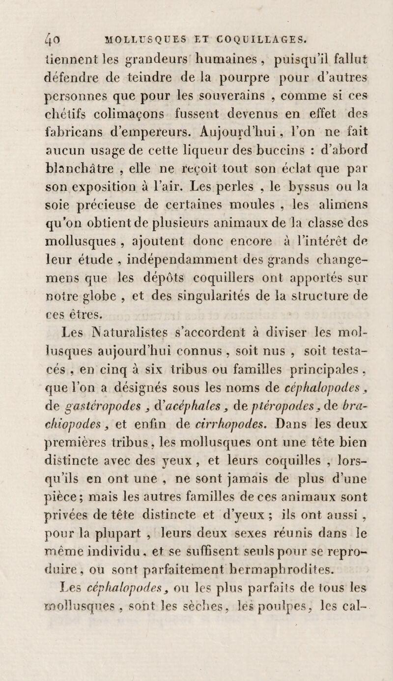 tieiment les grandeurs humaines , puisqu’il fallut défendre de teindre de la pourpre pour d’autres personnes que pour les souverains , comme si ces chétifs colimaçons fussent devenus en effet des fabricans d’empereurs. Aujourd’hui, l’on ne fait aucun usage de cette liqueur des buccins : d’abord blanchâtre , elle ne reçoit tout son éclat que par son exposition à l’air. Les perles , le byssus ou la soie précieuse de certaines moules , les alimens qu’on obtient de plusieurs animaux de la classe des mollusques , ajoutent donc encore à l’intérêt de leur étude , indépendamment des grands change- mens que les dépôts coquiilers ont apportés sur notre globe , et des singularités de la structure de ces êtres. Les Naturalistes s’accordent à diviser les mol¬ lusques aujourd’hui connus , soit nus , soit testa- cés , en cinq à six tribus ou familles principales , que l’on a désignés sous les noms de céphalopodes ^ de gastéropodes ^ à'acéphales ^ de ptéropodes . de bra- chiopodes, et enfin de cirrhopodes. Dans les deux premières tribus, les mollusques ont une tête bien distincte avec des yeux , et leurs coquilles , lors¬ qu’ils en ont une , ne sont jamais de plus d’une pièce; mais les autres familles de ces animaux sont privées de tête distincte et d’yeux ; ils ont aussi , pour la plupart , leurs deux sexes réunis dans le même individu, et se suffisent seuls pour se repro¬ duire, ou sont parfaitement hermaphrodites. Les céphalopodes^ ou les plus parfaits de tous les mollusques , sont les sèches, les poulpes, les cal-