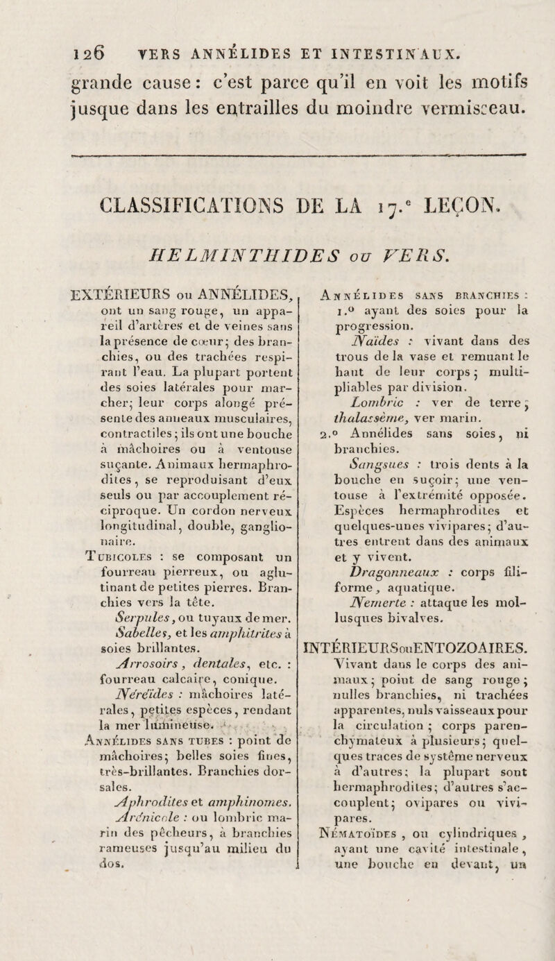 grande cause : c’est parce qu’il en voit les motifs jusque dans les eiitrailles du moindre vermisceau. CLASSÏFICAÏIOINS DE LA 17.^^ LEÇON, HELMINTHIDES ou P^ERS. EXTÉRIEURS ou ANNÉLIDES, ont un sang rouge, un appa¬ reil d’artères' et de veines sans la présence decœur^ des bran¬ chies, ou des trachées respi¬ rant l’eau. La plupart portent des soies latérales pour mar¬ cher^ leur corps alongé pré¬ sente des anneaux musculaires, contractiles • ils ont une bouche à mâchoires ou à ventouse suçante. Animaux hermaphro¬ dites , se reproduisant d’eux seuls ou par accouplement ré¬ ciproque. Un cordon nerveux longitudinal, double, ganglio- naire. Tubicoles ; se composant un fourreau pierreux, ou aglu- tinant de petites pierres. Bran¬ chies vers la tête, Scrpules ,0VL tuyaux de mer. Sabelles, et les amphitrites à soies brillante.s, yirrosoirs , dentales^ etc. : fourreau calcaife, conique. IVéreides : mâchoires laté¬ rales, petites espèces, rendant la mer liûbineüse. Annélides sans tubes : point de mâchoires5 belles soies fines, très-brillantes. Branchies dor¬ sales. y^phrodites et amphmomes, yirdnicc.le : ou londiric ma¬ rin des pêcheurs, à branchies rameuses jusqu’au milieu du dos. AnnÉlides sans branchies : i.o ayant des soies pour la progression. Waïdes •• vivant dans des trous delà vase et remuant le haut de leur corps 5 multi- püables par division. Lombric : ver de terre j thalassème^ ver marin. 2.0 Annélides sans soies, ni branchies. Sangsues : trois dents à la bouche en suçoir^ une ven¬ touse à l’extrémité opposée. Espèces hermaphrodites et quelques-unes vivipares^ d’au¬ tres entrent dans des aniniaux et y vivent. Dragonneaux : corps fili¬ forme, aquatique. jyemerte : attaque les mol¬ lusques bivalves, INTÉRIEURSnuENTOZOAlRES. Vivant dans le corps des ani¬ maux 5 point de sang rouge; nulles branchies, ni trachées apparentes, nuis vaisseaux pour la circulation ; corps paren¬ chymateux à plusieurs; quel¬ ques traces de système nerveux à d’autres; la plupart sont hermaphrodites; d’autres s’ac¬ couplent; ovipares ou vivi¬ pares. NÉwATOïnFS , ou cylindriques , ayant une cavité intestinale, une bouche en devant, un