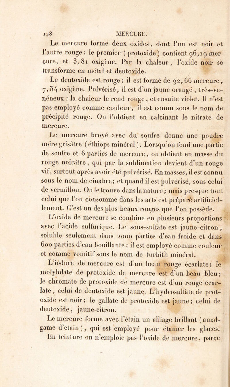 Le mercure forme deux oxides , dont l’un est noir et l’autre rouge; le premier (protoxide) contient 96,19 mer- cure, et 5,8i oxigène. Par la chaleur, l’oxide noir se transforme en métal et deutoxide. Le deutoxide est rouge; il est formé de 92, 66 mercure , 7,04 oxigène. Pulvérisé, il est d’un jaune orangé , très-ve- néneux : la chaleur le rend rouge, et ensuite violet. 11 n’est pas employé comme couleur, il est connu sous le nom de précipité rouge. On l’obtient en calcinant le nitrate de mercure. Le mercure broyé avec du soufre donne une poudre noire grisâtre (éthiops minéral ). Lorsqu’on fond une partie de soulre et 6 parties de mercure, on obtient en masse du rouge noirâtre , qui par la sublimation devient d’un rouge vif, surtout après avoir été pulvérisé. En masses, il est connu sous le nom de cinabre; et quand il est pulvérisé, sous celui de vermillon. On le trouve dans la nature; mais presque tout celui que l’on consomme dans les arts est préparé artificiel- lement. C’est un des plus beaux rouges que l’on possède. L’oxide de mercure se combine en plusieurs proportions avec l’acide sulfurique. Le sous-sulfate est jaune-citron , soluble seulement dans 2000 parties d’eau froide et dans 600 parties d’eau bouillante; il est employé comme couleur et comme vomitif sous le nom de turbith minéral. L iodure de mercure est d’un beau rouge écarlate; le molybdate de protoxide de mercure est d’un beau bleu; le chroma te de protoxide de mercure est d’un rouge écar- late , celui de deutoxide est jaune. L’hydrosuliate de prot- oxide est noir ; le gallale de protoxide est jaune ; celui de deutoxide, jaune-citron. Le mercure forme avec l’étain un alliage brillant ( amal- game d’étain ), qui est employé pour étamer les glaces. En teinture on n’emploie pas i’oxide de mercure, parce