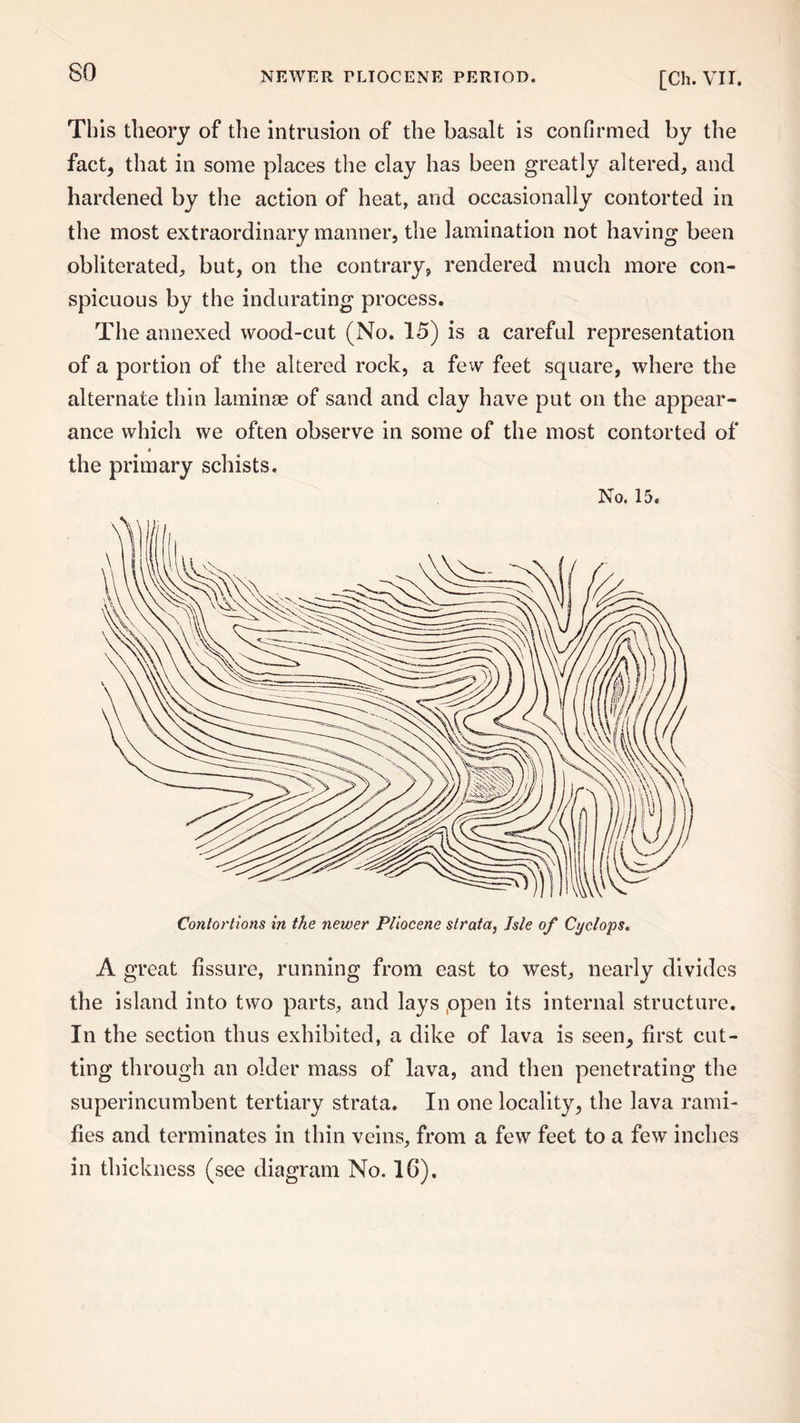 This theory of the intrusion of the basalt is confirmed by the fact* that in some places the clay has been greatly altered, and hardened by the action of heat, and occasionally contorted in the most extraordinary manner, the lamination not having been obliterated, but, on the contrary, rendered much more con¬ spicuous by the indurating process. The annexed wood-cut (No. 15) is a careful representation of a portion of the altered rock, a few feet square, where the alternate thin laminae of sand and clay have put on the appear¬ ance which we often observe in some of the most contorted of « the primary schists. No. 15. Contortions in the newer Pliocene strata, Isle of Cyclops. A great fissure, running from east to west, nearly divides the island into two parts, and lays ppen its internal structure. In the section thus exhibited, a dike of lava is seen, first cut¬ ting through an older mass of lava, and then penetrating the superincumbent tertiary strata. In one locality, the lava rami¬ fies and terminates in thin veins, from a few feet to a few inches in thickness (see diagram No. 16).