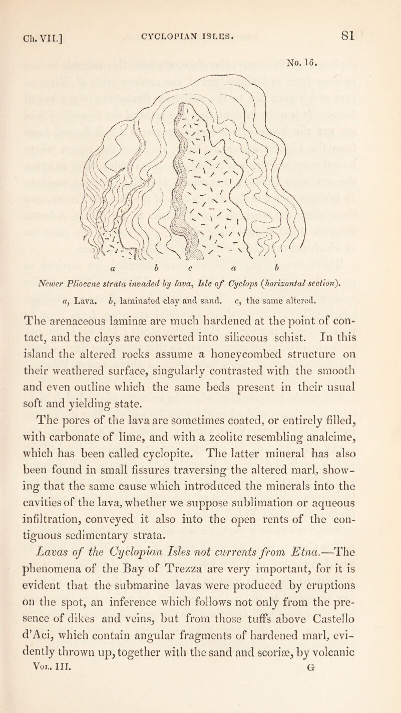 No. 16. Newer Pliocene strata invaded by lava, Isle of Cyclops (horizontal section). a, Lava, b, laminated clay and sand, c, the same altered. The arenaceous laminae are much hardened at the point of con¬ tact, and the clavs are converted into siliceous schist. In this island the altered rocks assume a honeycombed structure on their weathered surface, singularly contrasted with the smooth and even outline which the same beds present in their usual soft and yielding state. The pores of the lava are sometimes coated, or entirely filled, with carbonate of lime, and with a zeolite resembling analcime, which has been called cyclopite. The latter mineral has also been found in small fissures traversing the altered marl, show¬ ing that the same cause which introduced the minerals into the cavities of the lava, whether we suppose sublimation or aqueous infiltration, conveyed it also into the open rents of the con¬ tiguous sedimentary strata. Lavas of the Cycloplan Isles not currents from Etna.—The phenomena of the Bay of Trezza are very important, for it is evident that the submarine lavas were produced by eruptions on the spot, an inference which follows not only from the pre¬ sence of dikes and veins, but from those tuffs above Gastello d’Aci, which contain angular fragments of hardened marl, evi¬ dently thrown up, together with the sand and scoriee, by volcanic Vol. III. G