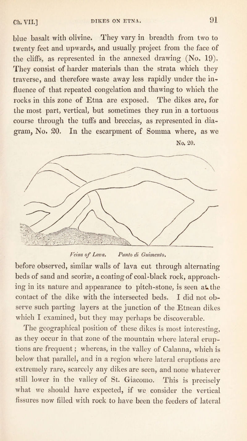 blue basalt with olivine. They vary in breadth from two to twenty feet and upwards, and usually project from the face of the cliffs, as represented in the annexed drawing (No. 19). They consist of harder materials than the strata which they traverse, and therefore waste away less rapidly under the in- fluence of that repeated congelation and thawing to which the rocks in this zone of Etna are exposed. The dikes are, for the most part, vertical, but sometimes they run in a tortuous course through the tuffs and breccias, as represented in dia¬ gram, No. SO. In the escarpment of Somma where, as we No. 20. Veins of Lava. Punto di Guimento. before observed, similar walls of lava cut through alternating beds of sand and scoriae, a coating of coal-black rock, approach¬ ing in its nature and appearance to pitch-stone, is seen akthe contact of the dike with the intersected beds. I did not ob¬ serve such parting layers at the junction of the Etnean dikes which I examined, but they may perhaps be discoverable. The geographical position of these dikes is most interesting, as they occur in that zone of the mountain where lateral erup¬ tions are frequent; whereas, in the valley of Calanna, which is below that parallel, and in a region where lateral eruptions are extremely rare, scarcely any dikes are seen, and none whatever still lower in the valley of St. Giacomo. This is precisely what we should have expected, if we consider the vertical fissures now filled with rock to have been the feeders of lateral
