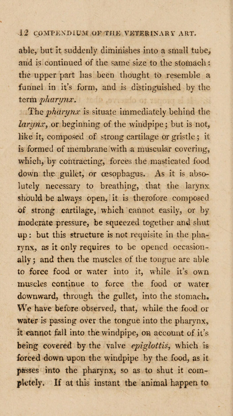 able, but It suddenly diminishes into a small tube* and is continued of the same size to the stomach: the upper part has been thought to resemble a funnel in it’s form, and is distinguished by the term 'pharynx. > The pharynx is situate immediately behind the larynx, or beginning of the windpipe; but is not, like it, composed of strong cartilage or gristle; it is formed of membrane with a muscular covering, which, by contracting, forces the masticated food down the gullet, or oesophagus. As it is abso¬ lutely necessary to breathing, that the larynx should be always open, it is therofore composed of strong cartilage, which cannot easily, or by moderate pressure, be squeezed together and shut up: but this structure is not requisite in the pha¬ rynx, as it only requires to be opened occasion¬ ally ; and then the muscles of the tongue are able to force food or water into it, while it’s own muscles continue to force the food or water downward, through the gullet, into the stomach. We have before observed, that, while the food or water is passing over the tongue into the pharynx, it cannot fall into the wundpipe, on account of it’s being covered by the valve epiglottis, which is forced dowm upon the windpipe by the food, as it passes into the pharynx, so as to shut it com¬ pletely. If at this instant the animal happen to