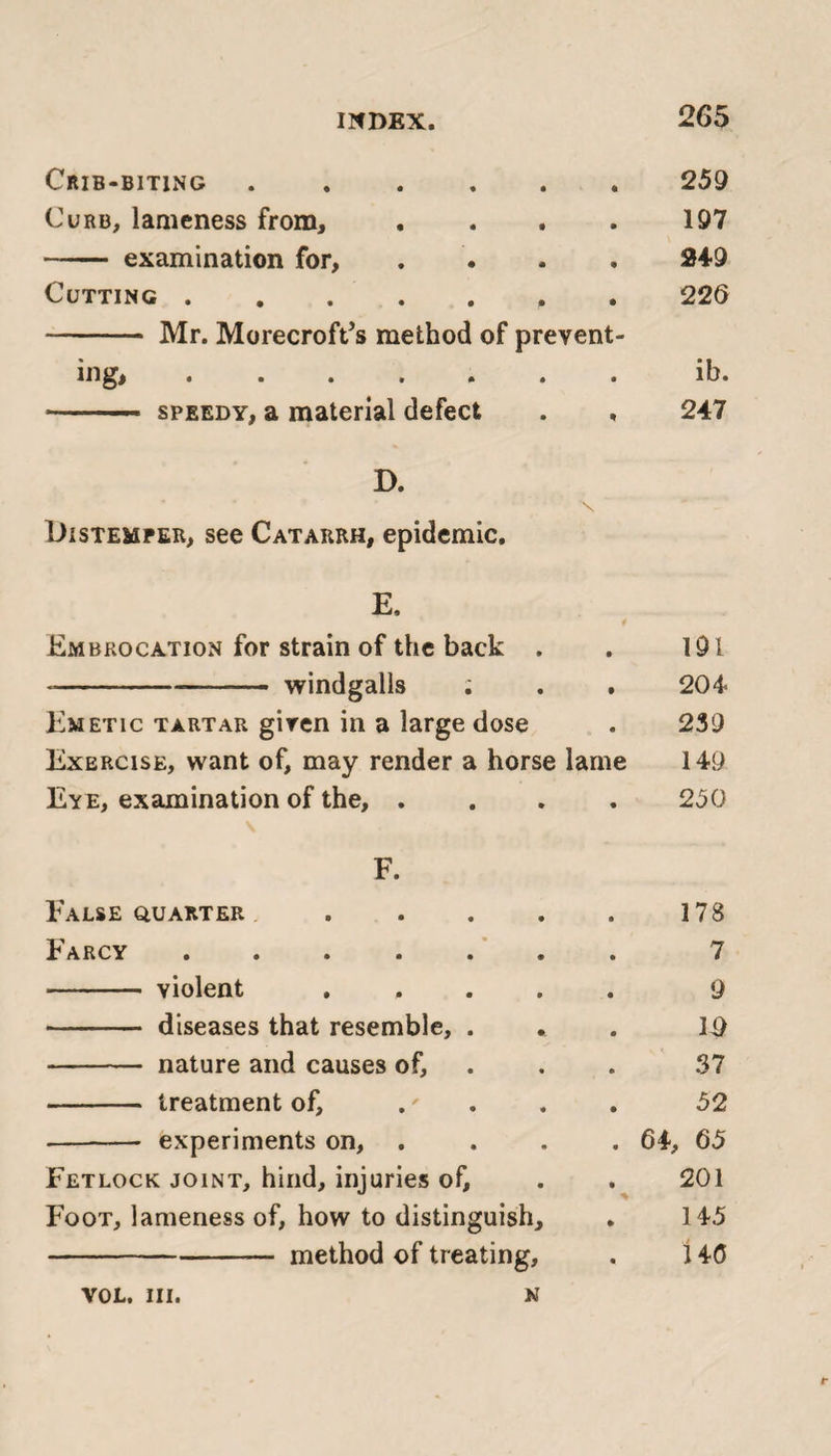 Crib-biting • • • 0 259 Curb, lameness from. • • • • 197 - examination for, • • • • 249 Cutting . • 00 • 226 - Mr. Morecroft’s ing* method of prevent- * • • • ib. - 1 ■ ■■■■ speedy, a material defect * 247 D. X Distemper, see Catarrh, epidemic. E, Embrocation for strain of the back . . 191 --windgalls ; . . 204 Emetic tartar giren in a large dose . 239 Exercise, want of, may render a horse lame 149 Eye, examination of the, .... 250 F. False quarter.178 Farcy ....... 7 - violent ..... 9 - diseases that resemble, . . . 19 - nature and causes of, . . 37 - treatment of, .' . . 52 - experiments on, .... 64, 65 Fetlock joint, hind, injuries of, . . 201 Foot, lameness of, how to distinguish, . 145 -method of treating, . 146 M Y0L. III.