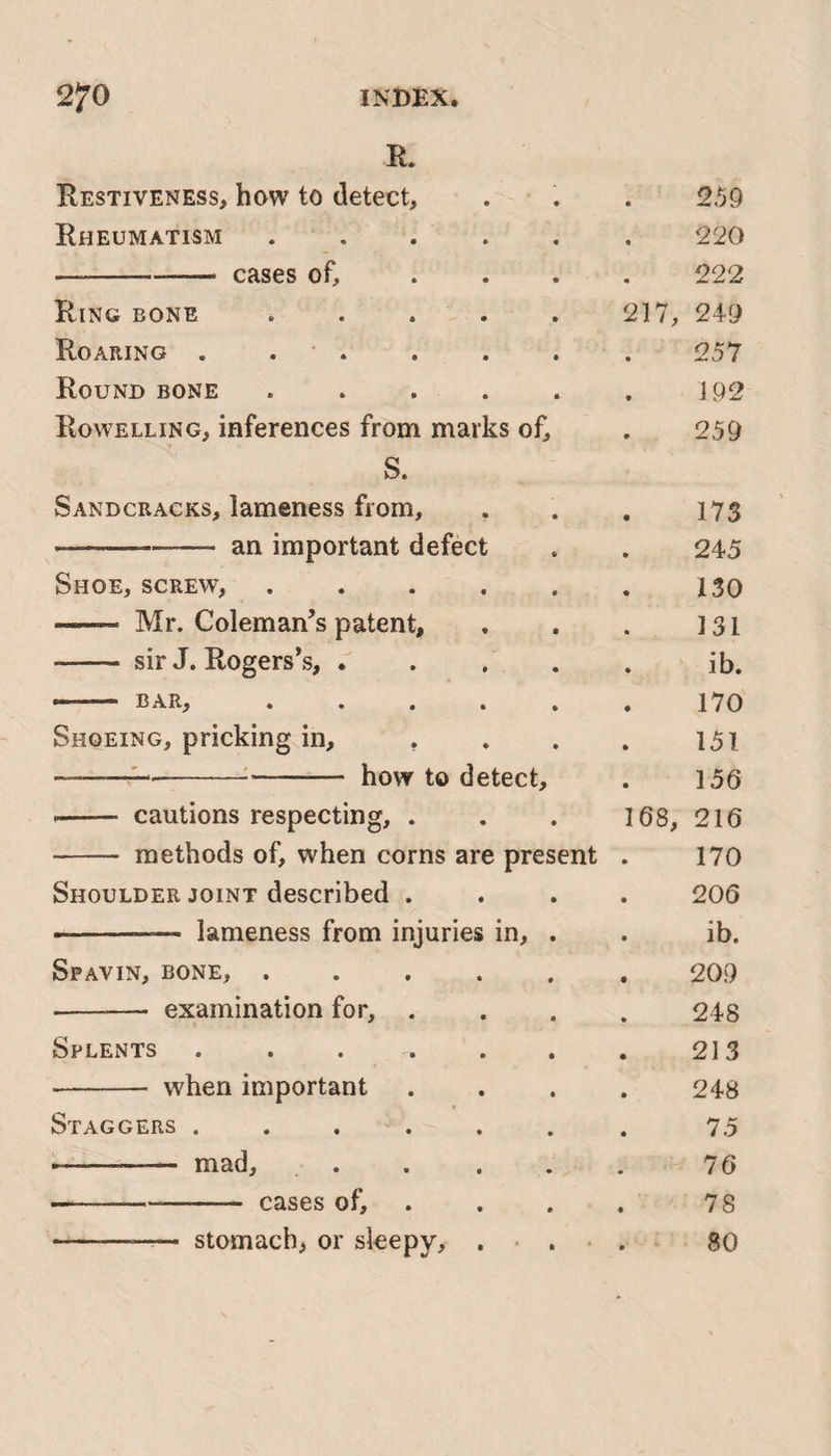 R. Restiveness, how to detect. 259 Rheumatism 220 —-cases of. 222 Ring bone 217, 249 Roaring . . 257 Round bone 192 Rowelling, inferences from marks of. 259 S. Sandcracks, lameness from. • • 173 —--—- an important defect 245 Shoe, screw, • • 130 —— Mr. Coleman’s patent. • • 131 - sir J. Rogers’s, . • • ib. ** •mr,~r BAR} • • , • » 170 Shoeing, pricking in, . ♦ ♦ 151 —--- how to detect. 156 -- cautions respecting, . • • 168, 216 - methods of, when corns are present 170 Shoulder joint described . • • 206 --— lameness from injuries in, . ib. Spavin, bone, . • « 209 -— examination for, . • • 248 Splents .... • • 213 - when important • 9 248 Staggers .... • • 75 - mad. • • 76 -- cases of. • • 78 -—— stomach, or sleepy. • » * 80