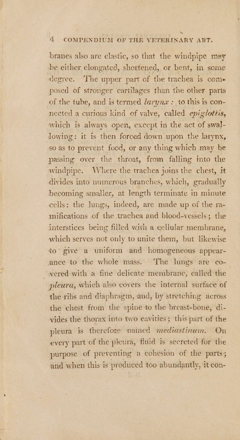 branes also are clastic, so that the windpipe may be either, elongated, shortened, or bent, in some degree. The upper part of the trachea is come posed of stronger cartilages than the other parts of the tube, and is termed daryzz : to this is con- nected a curious kind of valve, called. epiglottis, which is always open, except in the act of swal- Jowing: it is then forced down upon the larynx, So as to prevent food, or any thing which may be passing over the throat, from falling into the windpipe. Where the trachea joins the chest, it ‘divides into numerous branches, which, gradually becoming smatler, at length terminate in minute cells: the Jungs, indeed, are made up of the ra- mifications of the trachea and blood-vessels; the interstices being filled with a cellular membrane, which serves not only to unite them, but likewise to” give a uniform and homogeneous appear- ance to the whole mass. The lungs are Co. wered with a fine delicate membrane, called the pleura, which also covers the internal surface of the ribs and diaphragm, and, by stretching across the chest from tlie spine:to the breast-bone, di- vides the thorax into two eavities; this part of the pleura is therefore named mediastinum. On every part of the pleura, fluid is secreted for the purpose. of preventing a cohesion of the parts; and when this is produced too abundantly, it con-