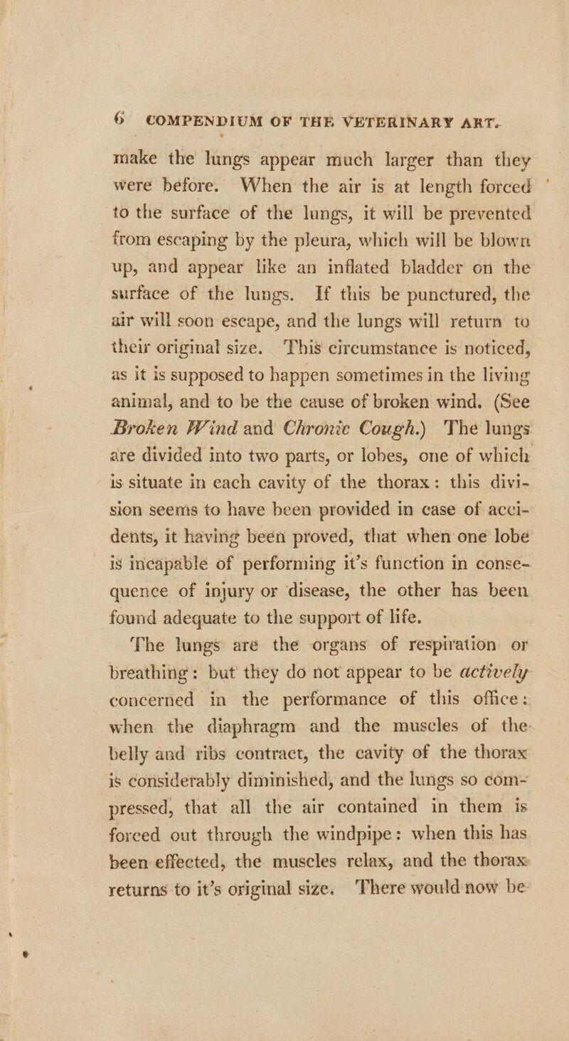 make the lungs appear much larger than they were before. When the air is at length forced to the surface of the lungs, it will be prevented from escaping by the pleura, which will be blown up, and appear like an inflated bladder on the surface of the lungs. If this be punctured, the air will soon escape, and the lungs will return to their original size. This circumstance is noticed, as it is supposed to happen sometimes in the living animal, and to be the cause of broken wind, (See Broken Wind and Chronie Cough.) The lungs are divided into two parts, or lobes, one of which is situate in each cavity of the thorax: this divi- sion seems to have heen provided in case of acci- dents, it having been proved, that when one lobe 1s incapable of performing it’s function in conse- quence of injury or disease, the other has been found adequate to the support of life. The lungs are the organs of respiration or breathing’: but they do not appear to be actively concerned in the performance of this office: when the diaphragm and the muscles of the: belly and ribs contract, the cavity of the thorax is considerably diminished, and the lungs so com- pressed, that all the air contained in them is forced out through the windpipe: when this has been effected, the muscles relax, and the thorax returns to it’s original size. ‘There would now be