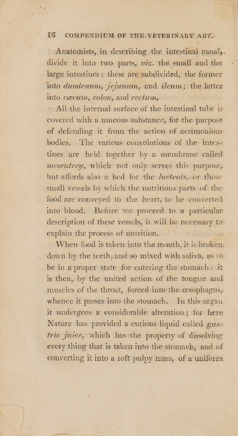 Anatomists, in describing the investi eanaly. divide it into two parts, viz. the small and the large intestines : these are subdivided, the former: into duodenum, jejunum, and ileum; the latter: into cecum, colon, and rectum. - All the internal surface of the intestinal tube j is: covered with a mucous substanee, for the purpose of defending it from the action of acrimonious: bodies. ‘The various convolutions of the intes~ tines are held together by a membrane called mesentery, which not only serves this purpose, - but affords also a bed for the /acteals,. or those: small vessels by which the nutritious parts of the: food are conveyed to the heart, to be convertec: into blood. Before we proceed to a particular description’ of these vessels, it will be necessary to: explain the process of nutrition. —_ When food is taken into the mouth, it is ‘br oe | down by the teeth, and so mixed with saliva, as to- be in a'‘proper state for entering the stomach: it is then, by the united action of the tongue and muscles of the throat, forced into:the cesophagus,. whence it passes into the stomach. Jn this-organ. it undergoes a considerable alteration; for ‘here Nature has provided a curious liquid called gas- trie guice, which has-the property of dissolving every thing that is taken into the stomach, and of converting it into a soft pulpy mass, of a uniform