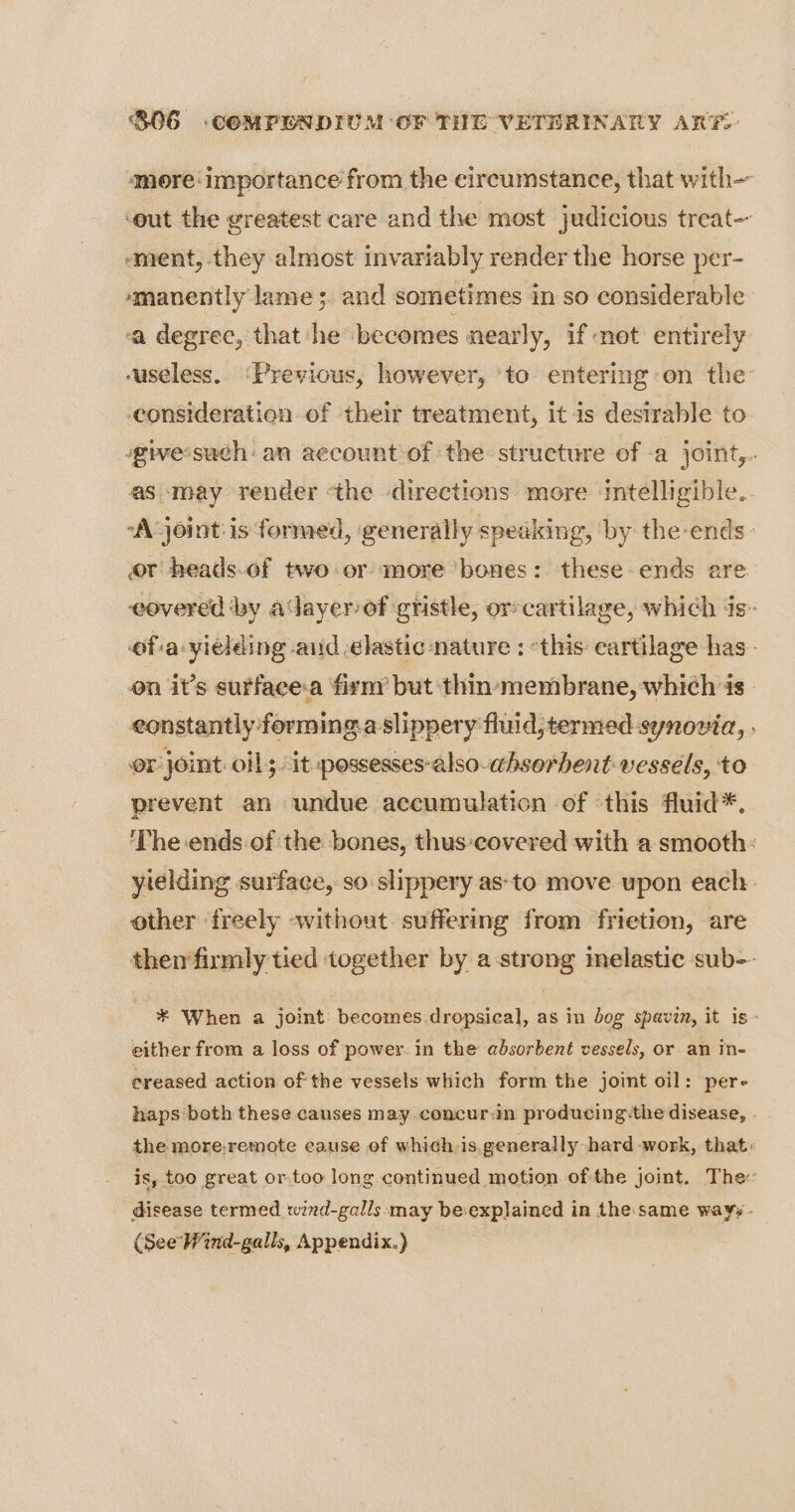 more ‘importance from the circumstance, that with— ‘out the greatest care and the most judicious treat- ‘ment, they almost invariably render the horse per- ‘manently lame ;. and sometimes in so considerable ‘a degree, that he becomes nearly, if net entirely ‘useless. ‘Previous, however, to entering:on the consideration of their treatment, it is desirable to give such: an account of the structure of -a joint,.- as ‘may render ‘the directions more imtelligible.. “A joint is formed, generally speaking, by the-ends or heads.of two-or more bones: these ends are eovered ‘by adayer of gtistle, or cartilage, which is» ofa yielding and elastic nature : *this cartilage has- on it’s surface.a firny but thin membrane, which is. eonstantly forming.a slippery fluid, termed synovia, . or joint. oil sit possesses-also-whsorhent vessels, to prevent an undue accumulation of ‘this fluid*. ‘The:ends.of the bones, thus-covered with a smooth: yielding surface, so slippery as-to move upon each. other freely -without suffering from frietion, are then firmly tied together by a strong elastic sub-- * When a joint becomes dropsical, as in bog spavin, it is - either from a loss of power. in the absorbent vessels, or an in- ereased action of the vessels which form the joint oil: per- haps both these causes may.concur-in producing-the disease, . the more,remote cause of which is.generally hard work, that» is, too great or,too long continued motion ofthe joint. The: disease termed wind-galls ‘may be:explained in the: same ways - (See Wind-galls, Appendix.)