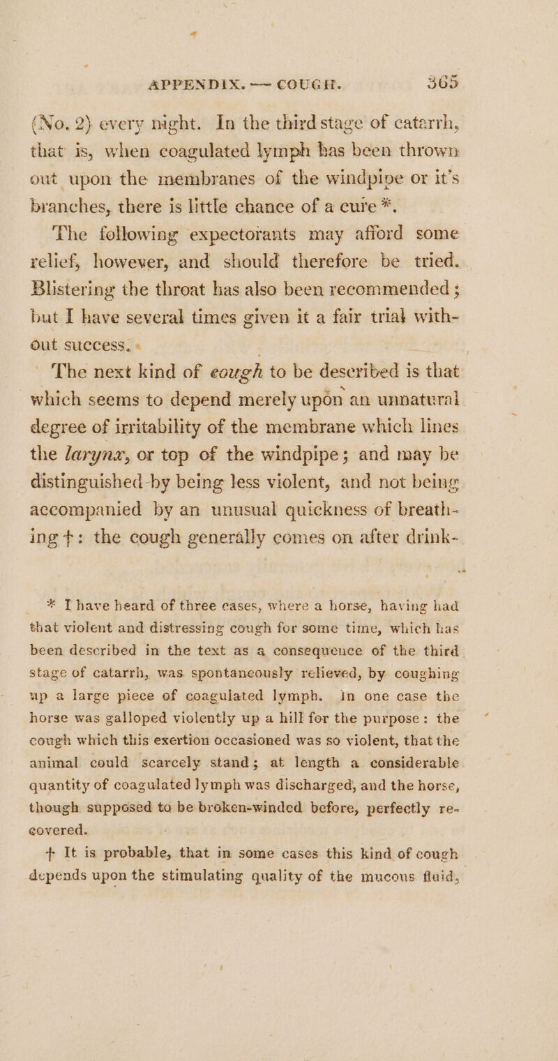 (No. 2) every night. In the third stage of catarrh, that is, when coagulated lymph has been thrown out upon the membranes of the windpipe or it’s branches, there is little chance of a cure *. The following expectorants may afford some relief, howewer, and should therefore be tried. Blistering the throat has also been recommended ; but I have several times given it a fair triak with- out success. « = ; - The next kind of eouwgh to be described is that which seems to depend merely upon an unnatural degree of irritability of the membrane which lines the larynx, or top of the windpipe; and may be distinguished-hy being less violent, and not being accompanied by an unusual quickness of breath- ing ¢: the cough generally comes on after drink- * T have heard of three cases, where a horse, having had that violent and distressing cough for some time, which has been described in the text as a consequence of the third stage of catarrh, was spontaneously relieved, by coughing up a large piece of coagulated lymph. in one case the horse was galloped violently up a hillfor the purpose: the ~ cough which this exertion occasioned was so violent, that the animal could scarcely stand; at length a. considerable quantity of coagulated lymph was discharged, and the horse, though supposed to be broken-winded before, perfectly re- covered. + It is probable, that in some cases this kind of cough depends upon the stimulating quality of the mucous fluid,