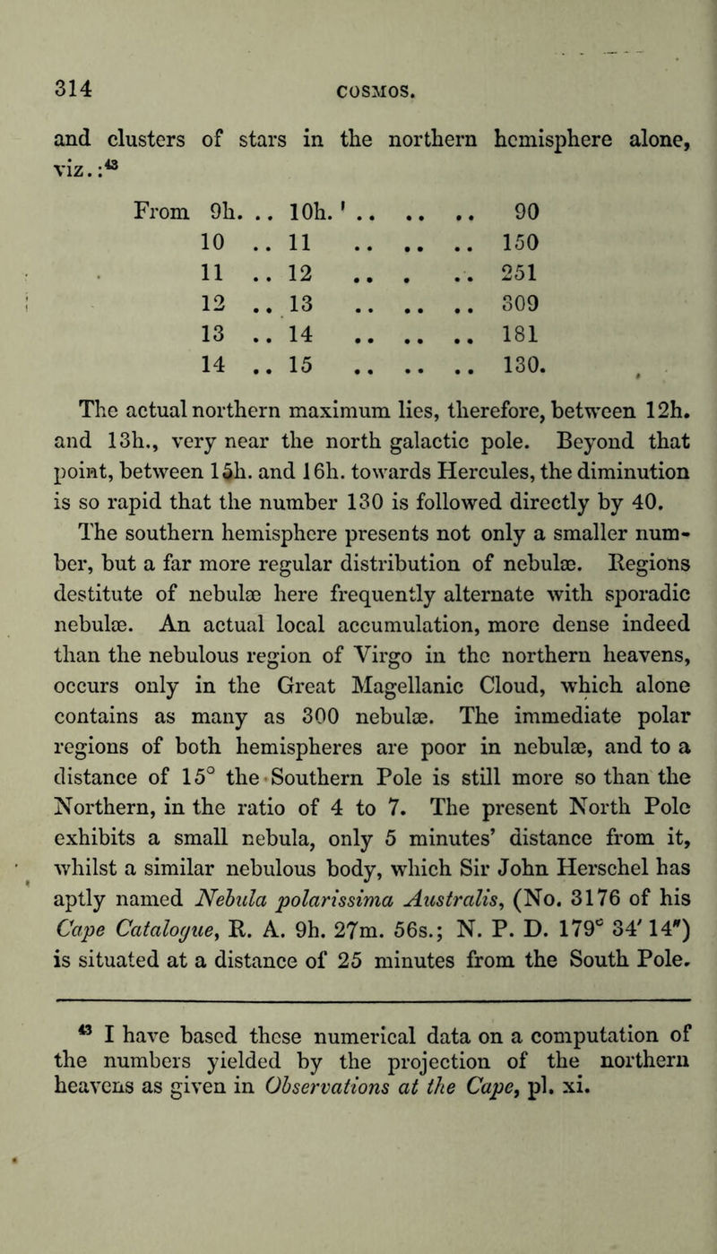 and clusters of stars in the northern hemisphere alone, viz.:43 9h. .. 10h.' .. .. .. 90 10 .. 11 .. .. 150 11 .. 12 . .. 251 12 .. 13 .. .. 309 13 .. 14 .. .. 181 14 .. 15 .. .. 130. The actual northern maximum lies, therefore, between 12h. and 13h., very near the north galactic pole. Beyond that point, between 15h. and 16h. towards Hercules, the diminution is so rapid that the number 130 is followed directly by 40. The southern hemisphere presents not only a smaller num- ber, but a far more regular distribution of nebulae. Regions destitute of nebulae here frequently alternate with sporadic nebulae. An actual local accumulation, more dense indeed than the nebulous region of Virgo in the northern heavens, occurs only in the Great Magellanic Cloud, which alone contains as many as 300 nebulae. The immediate polar regions of both hemispheres are poor in nebulae, and to a distance of 15° the Southern Pole is still more so than the Northern, in the ratio of 4 to 7. The present North Pole exhibits a small nebula, only 5 minutes’ distance from it, whilst a similar nebulous body, which Sir John Herschel has aptly named Nebula polarissima Australis, (No. 3176 of his Cape Catalogue, R. A. 9h. 27m. 56s.; N. P. D. 179c 34 14) is situated at a distance of 25 minutes from the South Pole. 43 I have based these numerical data on a computation of the numbers yielded by the projection of the northern heavens as given in Observations at the Cape, pi. xi.