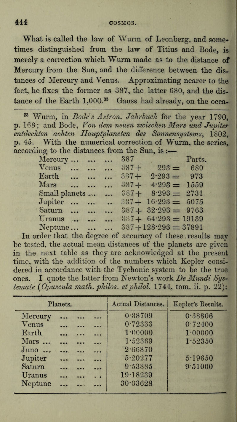 What is called the law of Wurm of Leonberg, and some- times distinguished from the law of Titius and Bode, is merely a correction which Wurm made as to the distance of Mercury from the Sun, and the difference between the dis- tances of Mercury and Venus. Approximating nearer to the fact, he fixes the former as 387, the latter 680, and the dis- tance of the Earth U000.33 Gauss had already, on the occa- 33 Wurm, in Bode s Astron. Jahrbuch for the year 1790, p. 168; and Bode, Von dem neuen zwischen Mars und Jupiter entdeckten achten Hauptplaneten des Sonnensystems, 1802, p. 45. With the numerical correction of Wurm, the series, according to the distances from the Sun, is :— Mercury ... Venus Earth Mars Small planets Jupiter ... Saturn ... Uranus Neptune... 38' 187 + 3S7 + 387 + 387 + 293 = 2*293 = 4*293 = 8*293 = 16*293 = 32*293 = Parts. 680 973 1559 2731 5075 9763 387 + 387+ 64*293 = 19139 387 + 128*293 = 37891 In order that the degree of accuracy of these. results may be tested, the actual mean distances of the planets are given in the next table as they are acknowledged at the present time, with the addition of the numbers which Kepler consi- dered in accordance with the Tychonic system to be the true ones. I quote the latter from Newton’s work JDeMundi Sys- temate (Opuscula math, philos. etphilol. 1744, tom. ii. p. 22): Planets. Actual Distances. Kepler’s Results. Mercury 0*38709 0*38806 Venus 0*72333 0*72400 Earth ... 1*00000 1*00000 Mars 1*52369 1*52350 Juno .., 2*66870 Jupiter 5*20277 5*19650 Saturn 9*53885 9*51000 Uranus ... 19*18239 Neptune 30*03628