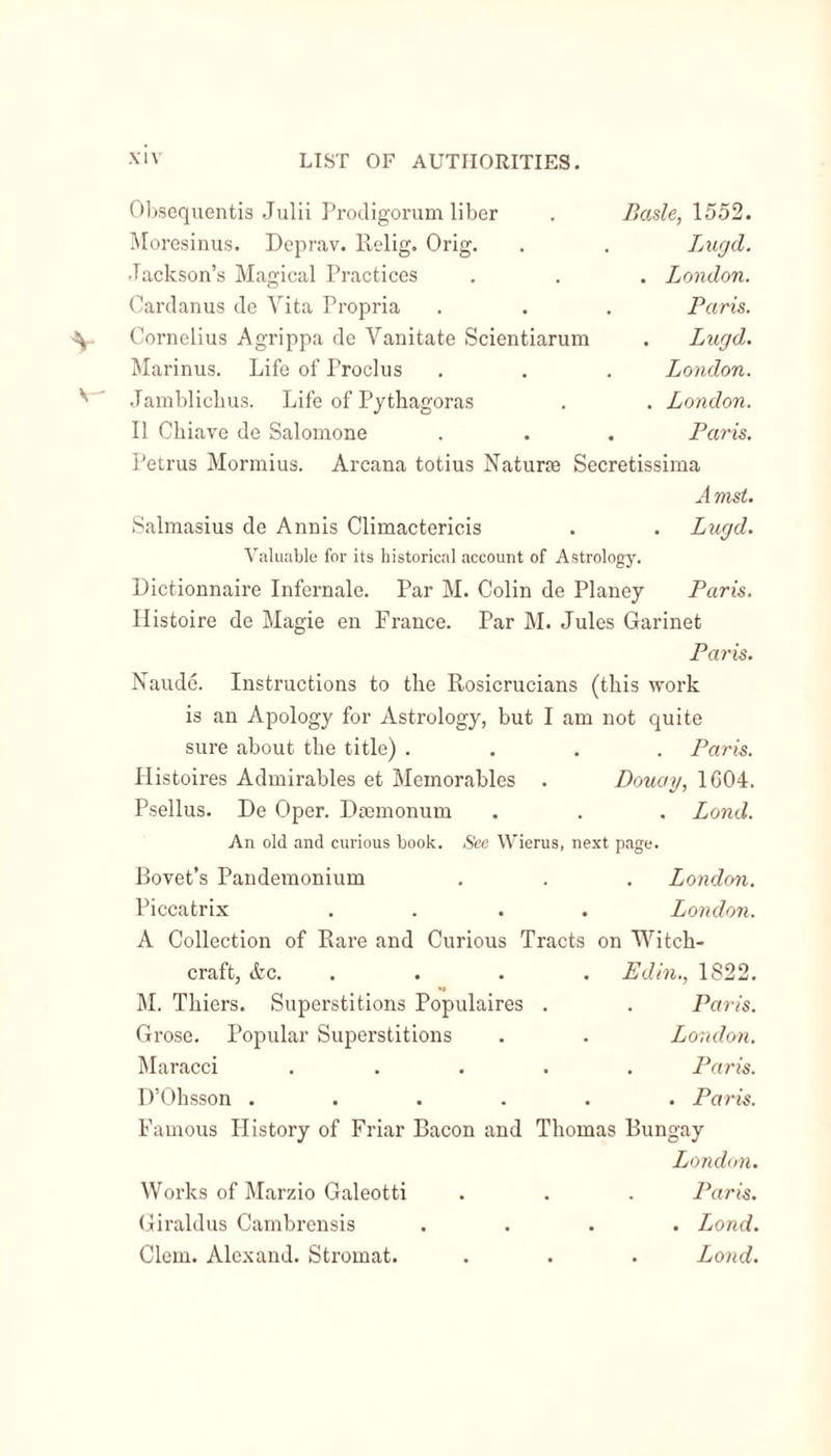 Obsequentis Julii Prodigorum liber . Basle, 1552. Moresinus. Deprav. Relig. Orig. . . Lucjd. Jackson’s Magical Practices . . . London. Cardanus de Yita Propria . . . Paris. Cornelius Agrippa de Vanitate Scientiarum . Lugd. Marinus. Life of Proclus . . . London. Jamblickus. Life of Pythagoras . . London. II Chiave de Salomone . . . Paris. Petrus Mormius. Arcana totius Naturaj Secretissima A mst. Salmasius de Ann is Climactericis . . Lugd. Valuable for its historical account of Astrology. Dictionnaire Infernale. Par M. Colin de Planey Paris. Ilistoire de Magie en France. Par M. Jules Garinet Paris. Naude. Instructions to the Rosicrucians (this work is an Apology for Astrology, but I am not quite sure about the title) .... Paris. Histoires Admirables et Memorables . Douay, 1G04. Psellus. De Oper. Daemonum . . . Land. An old and curious book. See Wierus, next page. Bovet’s Pandemonium . . . London. Piccatrix .... London. A Collection of Rare and Curious Tracts on Witch- craft, &amp;c. .... Edin., 1S22. M. Thiers. Superstitions Populaires . . Paris. Grose. Popular Superstitions . . London. Maracci ..... Paris. D’Ohsson ...... Paris. Famous History of Friar Bacon and Thomas Bungay London, Works of Marzio Galeotti . . . Paris. Giraldus Cambrensis .... Lond. Clem. Alexand. Stromat. . . . Lond.