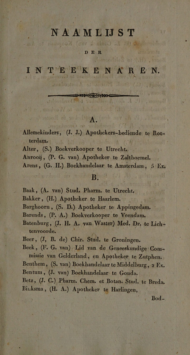 NAAMLIJST INT EEKEN KA REN. À. AA Moenikindrs* g, 1 ) Apatiet -hetind te Rot- _ terdam. Alter, (S.) Boekverkooper te Utrecht, Anrooij, (P. G. van) Apotheker. te Zaltboemel. Arens, (G. H.) Boekhandelaar te Amsterdam, 5 Ex, | B. Baak, (A. van) Stud, Pharm. te Utrecht. Bakker, (H.) Apotheker: te Haarlem. Barghoorn, (S. D.) Apotheker te Appingedam. Barends, (P. A.) Boekverkooper te Veendam, Batenburg, (J. H. A van, Waster) Med, Dr. te Lich- tenvoorde. Beer, (J, B. de) Chir. eet. te Groningen. _ Beek, (F. G. van), Lid van de Geneeskundige: Com- missie van Gelderland, en Apotheker. te Zutphen. Benthem, (S. van) Boekhandelaar te Middelburg, 2 Ex. Bentum, (J. van) Boekhandelaar- te Gouda. Betz, (J. C.) Pharm. Chem. et Botan. Stud. te Breda. Biuksma, in A.) tes ie Harlingen, Bod-