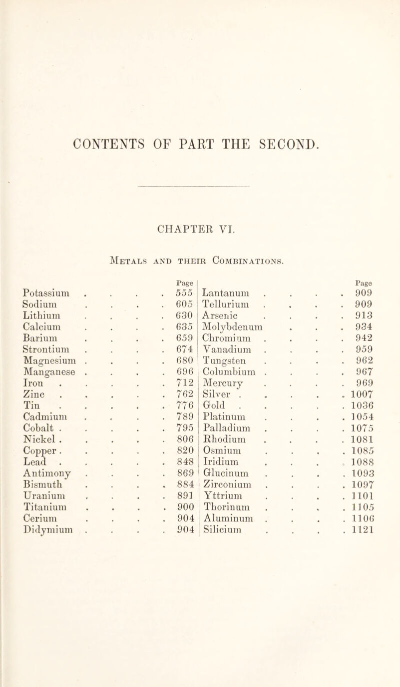 Potassium Sodium Lithium Calcium Barium Strontium Magnesium Manganese Iron Zinc Tin Cadmium Cobalt . Nickel . Copper. Lead Antimony Bismuth Uranium Titanium Cerium Didymium CHAPTER VI. Metals and their Combinations. Page 1 . 555 1 Lantanum . 605 Tellurium . 630 Arsenic . 635 Molybdenum . 659 Chromium . 674 Vanadium . 680 Tungsten . 696 Columbium . . 712 Mercury . 762 Silver . . . . . 776 Gold . . . . . 789 Platinum . 795 Palladium . 806 Rhodium . 820 Osmium . 848 Iridium . 869 Glucinum - 884 Zirconium . 891 Yttrium . 900 Thorinum . 904 Aluminum . 904 I Silicium Pago . 909 . 909 . 913 , 934 . 942 . 959 . 962 . 967 . 969 . 1007 . 1036 . 1054 . 1075 . 1081 . 1085 , 1088 . 1093 . 1097 . 1101 .1105 . 1106 . 1121