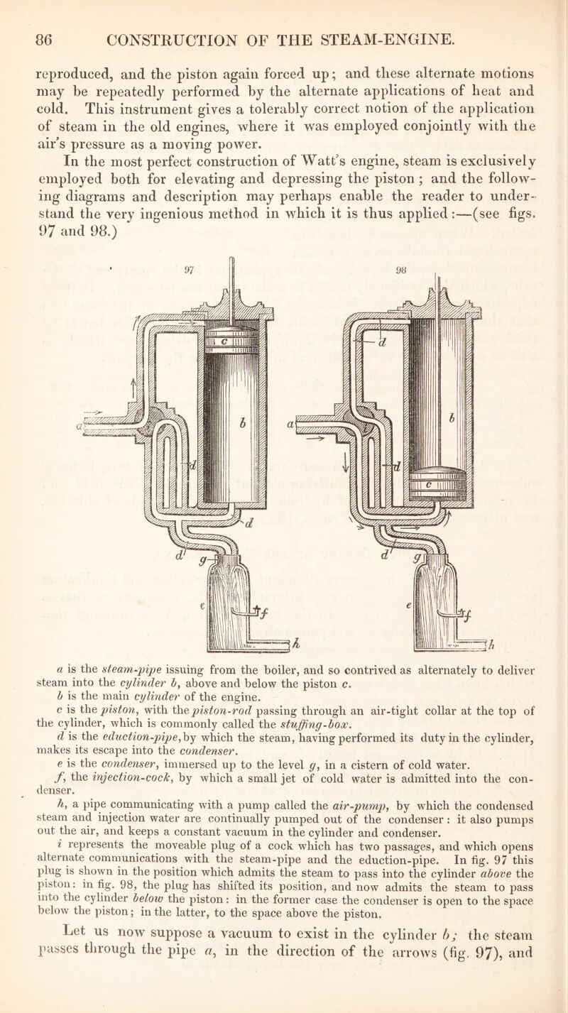 reproduced, and the piston again forced up; and these alternate motions may be repeatedly performed by the alternate applications of heat and cold. This instrument gives a tolerably correct notion of the application of steam in the old engines, where it was employed conjointly with the air’s pressure as a moving power. In the most perfect construction of Watt’s engine, steam is exclusively employed both for elevating and depressing the piston; and the follow- ing diagrams and description may perhaps enable the reader to under- stand the very ingenious method in which it is thus applied:—(see figs, 97 and 98.) a is the steam-'pipe issuing from the boiler, and so contrived as alternately to deliver steam into the cylinder above and below the piston c. h is the main cylinder of the engine. e is the piston, with i\\e piston-rod passing through an air-tight collar at the top of the cylinder, which is commonly called the stuffing-iox. d is the eduction-pipe,\)j which the steam, having performed its duty in the cylinder, makes its escape into the condenser. e is the condenser, immersed up to the level in a cistern of cold water. f, the injection-cock, by which a small jet of cold water is admitted into the con- denser. h, a pipe communicating with a pump called the air-pump, by which the condensed steam and injection water are continually pumped out of the condenser: it also pumps out the air, and keeps a constant vacuum in the cylinder and condenser. i represents the moveable plug of a cock which has two passages, and which opens alternate communications with the steam-pipe and the eduction-pipe. In fig. 97 this plug is shown in the position which admits the steam to pass into the cylinder above the piston: in fig. 98, the plug has shifted its position, and now admits the steam to pass into the cylinder hetow the piston: in the former case the condenser is open to the space below the piston; in the latter, to the space above the piston. Let us now suppose a vacuum to exist in the cylinder b; the steam passes through the pipe «, in the direction of the arrows (fig. 97), and