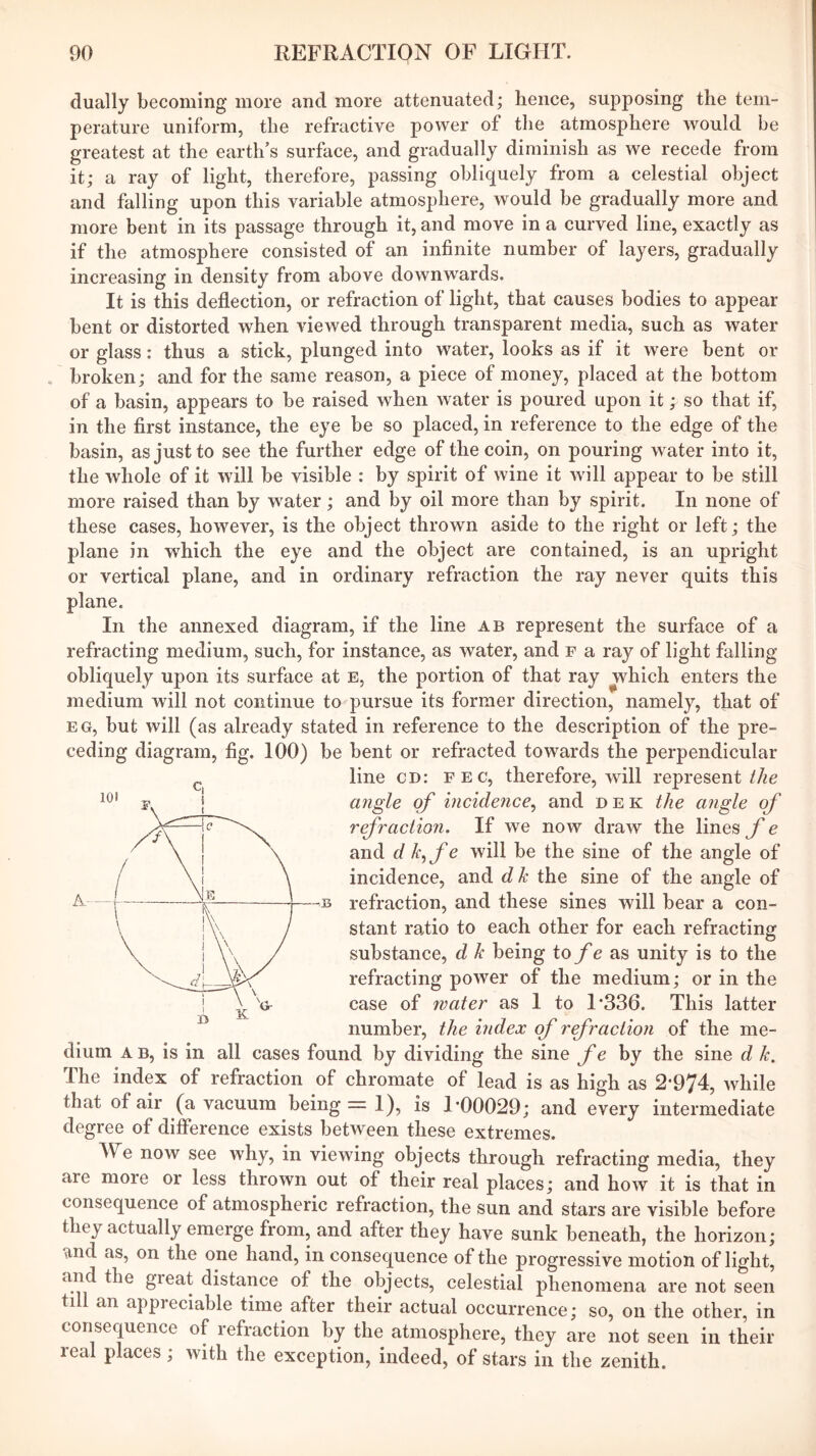 dually becoming more and more attenuated; hence, supposing the tem- perature uniform, the refractive power of the atmosphere would be greatest at the earth’s surface, and gradually diminish as we recede from it; a ray of light, therefore, passing obliquely from a celestial object and falling upon this variable atmosphere, would be gradually more and more bent in its passage through it, and move in a curved line, exactly as if the atmosphere consisted of an infinite number of layers, gradually increasing in density from above downwards. It is this deflection, or refraction of light, that causes bodies to appear bent or distorted when viewed through transparent media, such as water or glass: thus a stick, plunged into water, looks as if it were bent or broken; and for the same reason, a piece of money, placed at the bottom of a basin, appears to be raised when water is poured upon it; so that if, in the first instance, the eye be so placed, in reference to the edge of the basin, as just to see the further edge of the coin, on pouring water into it, the whole of it will be visible : by spirit of wine it will appear to be still more raised than by water; and by oil more than by spirit. In none of these cases, however, is the object thrown aside to the right or left; the plane in which the eye and the object are contained, is an upright or vertical plane, and in ordinary refraction the ray never quits this plane. In the annexed diagram, if the line ab represent the surface of a refracting medium, such, for instance, as water, and f a ray of light falling obliquely upon its surface at E, the portion of that ray which enters the medium will not continue to pursue its former direction, namely, that of EG, but will (as already stated in reference to the description of the pre- ceding diagram, fig. 100) be bent or refracted towards the perpendicular line CD: fec, therefore, will represent angle of incidence^ and d e K the angle of refraction. If we now draw the lines f e and d k^fe will be the sine of the angle of incidence, and d k the sine of the angle of refraction, and these sines will bear a con- stant ratio to each other for each refracting substance, d k being to /’c as unity is to the refracting power of the medium; or in the case of Tvater as I to 1*336. This latter number, the index of rfraction of the me- dium A B, is in all cases found by dividing the sine f e by the sine d k. The index of refraction of chromate of lead is as high as 2*974, while that of air (a vacuum being = I), is 1*00029; and every intermediate degree of difference exists between these extremes. We now see why, in viewing objects through refracting media, they are more or less thrown out of their real places; and how it is that in consequence of atmospheric refraction, the sun and stars are visible before they actually emerge from, and after they have sunk beneath, the horizon; and as, on the one hand, in consequence of the progressive motion of light, and the great distance of the objects, celestial phenomena are not seen till an appreciable time after their actual occurrence; so, on the other, in consequence of refraction by the atmosphere, they are not seen in their real places; with the exception, indeed, of stars in the zenith.