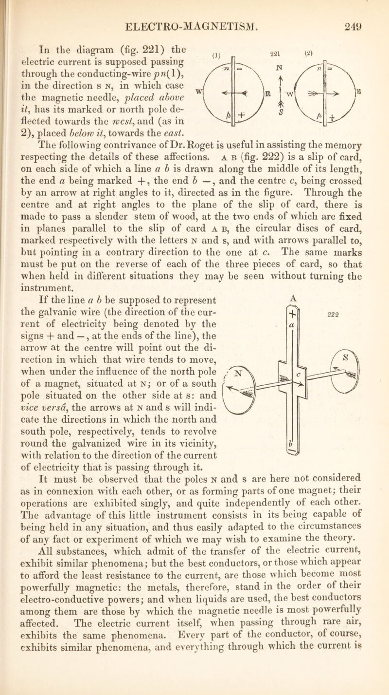 In the diagram (fig. 221) the electric current is supposed passing through the conducting-wire pw(I), in the direction s N, in which case the magnetic needle, placed above it, has its marked or north pole de- flected towards the west, and (as in 2), placed below it, towards the east. The following contrivance of Dr.Roget is useful in assisting the memory respecting the details of these affections. A b (fig. 222) is a slip of card, on each side of which a line a b is drawn along the middle of its length, the end a being marked -f, the end b —, and the centre c, being crossed by an arrow at right angles to it, directed as in the figure. Through the centre and at right angles to the plane of the slip of card, there is made to pass a slender stem of wood, at the two ends of which are fixed in planes parallel to the slip of card a b, the circular discs of card, marked respectively with the letters n and s, and with arrows parallel to, but pointing in a contrary direction to the one at c. The same marks must be put on the reverse of each of the three pieces of card, so that when held in different situations they may be seen without turning the instrument. If the line a b he supposed to represent the galvanic wire (the direction of the cur- rent of electricity being denoted by the signs 4 and —, at the ends of the line), the arrow at the centre will point out the di- rection in which that wire tends to move, when under the influence of the north pole of a magnet, situated at n; or of a south pole situated on the other side at s: and vice versa, the arrows at n and s will indi- cate the directions in which the north and south pole, respectively, tends to revolve round the galvanized wire in its vicinity, wuth relation to the direction of the current of electricity that is passing through it. It must be observed that the poles N as in connexion with each other, or as forming parts of one magnet; their operations are exhibited singly, and quite independently of each other. The advantage of this little instrument consists in its being capable of being held in any situation, and thus easily adapted to the circumstances of any fact or experiment of which we may wish to examine the theory. All substances, which admit of the transfer of the electric current, exhibit similar phenomena; but the best conductors, or those which appear to afford the least resistance to the current, are those which become most powerfully magnetic: the metals, therefore, stand in the order of their electro-conductive powers; and when liquids are used, the best conductors among them are those by which the magnetic needle is most powerfully affected. The electric current itself, when passing through rare air, exhibits the same phenomena. Every part of the conductor, of course, exhibits similar phenomena, and everything through which the current is A and s are here not considered