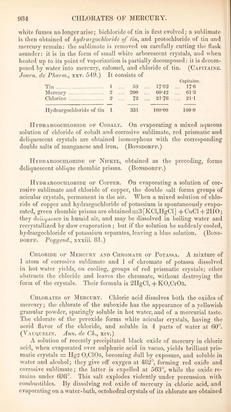 white fumes no longer arise; bichloride of tin is first evolved; a sublimate is then obtained of hydrargochloride of tin^ and protochloride of tin and mercury remain: the sublimate is removed on carefully cutting the flask asunder: it is in the form of small white arborescent crystals, and when heated up to its point of vaporization is partially decomposed: it is decom- posed by water into mercury, calomel, and chloride of tin. (Capitaine. Joiirn. de Pharm.^ xxv. 549.) It consists of Capitaine. Till 1 .... 59 .... 17*82 .... 17*6 Mercury 2 .... 200 .... 60-42 .... 61-3 Chlorine 2 .... 72 .... 21-76 .... 21-1 Hydrargochloride of tin 1 331 lOO’OO 100 0 Hydrargochloride of Cobalt. On evaporating a mixed aqueous solution of chloride of cobalt and corrosive sublimate, red prismatic and deliquescent crystals are obtained isomorphous with the corresponding double salts of manganese and iron. (Bonsdorff.) Hydrargochloride of Nickel, obtained as the preceding, forms deliquescent oblique rhombic prisms. (Bonsdorff.) Hydrargochloride of Copper, On evaporating a solution of cor- rosive sublimate and chloride of copper, the double salt forms groups of acicular crystals, permanent in the air. When a mixed solution of chlo- ride of copper and hydrargochloride of potassium is spontaneously evapo- rated, green rhombic prisms are obtained—3[KCl,HgCl] -}-CuCl + 2HO; they deliquesce in humid air, and may be dissolved in boiling water and recrystallized by slow evaporation ; but if the solution be suddenly cooled, hydrargochloride of potassium separates, leaving a blue solution. (Bons- DORFF. Poggend.^ xxxiii. 81.) Chloride of Mercury and Chromate of Potassa. A mixture of 1 atom of corrosive sublimate and 1 of chromate of potassa dissolved in hot water yields, on cooling, groups of red prismatic crystals; ether abstracts the chloride and leaves the chromate, without destroying the form of the crystals. Their formula is 2HgCI,K05Cr03. Chlorates of Mercury. Chloric acid dissolves both the oxides of mercury; the chlorate of the suboxide has the appearance of a yellowish granular powder, sparingly soluble in hot water, and of a mercurial taste. The chlorate of the peroxide forms white acicular crystals, having the acrid flavor of the chloride, and soluble in 4 parts of water at 60°. (Vauquelin. Ann. de Ch.^ xcv.) A solution of recently precipitated black oxide of mercury in chloric acid, when evaporated over sulphuric acid in vacuo, yields brilliant pris- matic crystals Hg2 0,C105, becoming dull by exposure, and soluble in water and alcohol; they give off oxygen at 482°, forming red oxide and corrosive sublimate; the latter is expelled at 563°, while the oxide re- mains under 698°. This salt explodes violently under percussion with combustibles. By dissolving red oxide of mercury in cliloric acid, and evaporating on a water-bath, octohedral crystals of its chlorate are obtained