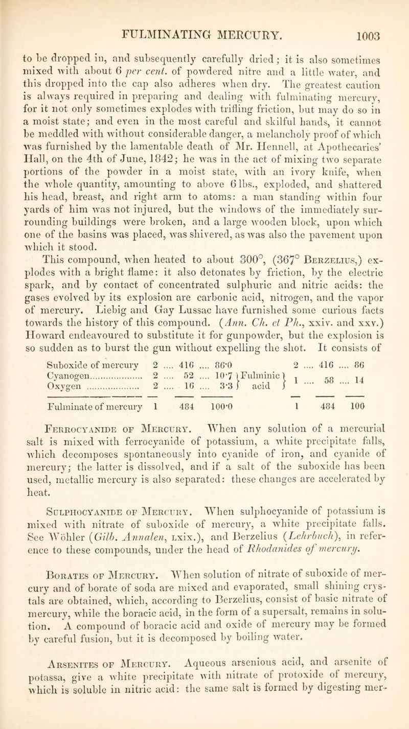 to he dropped in, and subsequently carefully dried; it is also sometimes mixed nutli about 6 per cent, of powdered nitre and a little water, and this dropped into the cap also adheres when dry. The greatest caution is always required in preparing and dealing with fulminating mercury, for it not only sometimes explodes with trifling friction, but may do so in a moist state; and even in the most careful and skilful hands, it cannot be meddled with wdthout considerable danger, a melancholy proof of which was furnished by the lamentable death of Mr. Ilennell, at Apothecaries’ Hall, on the 4th of June, 1842; he was in the act of mixing two separate portions of the powder in a moist state, Avith an ivory knife, Avhen the Avhole quantity, amounting to aboA^e Gibs., exploded, and shattered his head, breast, and right arm to atoms: a man standing Avithin four yards of him Avas not injured, but the AvindoAvs of the immediately sur- rounding buildings Avere broken, and a large Avooden block, upon Avhich one of the basins AA^as placed, Avas shivered, as Avas also the pavement upon Avhich it stood. This compound, Avhen heated to about 300°, (367° Berzelius,) ex- plodes AAuth a bright flame: it also detonates by friction, by the electric spark, and by contact of concentrated sulphuric and nitric acids: the gases evolved by its explosion are carbonic acid, nitrogen, and the vapor of mercury. Liebig and Gay Lussac have furnished some curious facts tOAAmrds the history of this compound. {Ann. Cli. el Ph.^ xxiv. and xxv.) IIoAAmrd endeavoured to substitute it for gunpoAvder, but the explosion is so sudden as to burst the gun Avithout expelling the shot. It consists of Suboxide of mercury 2 .... 41G .... 86’0 2 .... 416 .... 86 Cyanogen 2 .... 52 .... 10’7 iFulminicl , Oxygen 2 .... 16 .... 3*3 | acid J Fulminate of mercury 1 484 lOO’O I 484 100 Ferrocyanide of Mercury. When any solution of a mercurial salt is mixed Avitli ferrocyanide of potassium, a AAdiite precipitate falls, Avhich decomposes spontaneously into cyanide of iron, and cyanide of mercury: the latter is dissolved, and if a salt of the suboxide has been used, metallic mercury is also separated: these changes are accelerated by heat. SuLPiTocYANiDE OF Mercury. When sulphocyanlde of potassium is mixed Avith nitrate of suboxide of mercury, a Avhite precipitate falls. See Wohler {Gilh. Annalen., Lxix.), and Berzelius {LehrbucJi)^ in refer- ence to these compounds, under the head of Rfiodanides of mercury. Borates of IMercury. When solution of nitrate of suboxide of mer- cury and of borate of soda are mixed and evaporated, small shining crys- tals are obtained, Avhich, according to Berzelius, consist of basic nitrate of mercury, Avhile the boracic acid, in the form of a supersalt, remains in solu- tion. A compound of boracic acid and oxide of mercury mny be formed by careful fusion, but it is decomposed by boiling Avater. Arsenites of JMercury. Acjueous arsenious acid, and arsenite of potassa, give a Avhite precipitate with nitrate of protoxide of mercury, which is soluble in nitric acid: the same salt is formed by digesting mer-