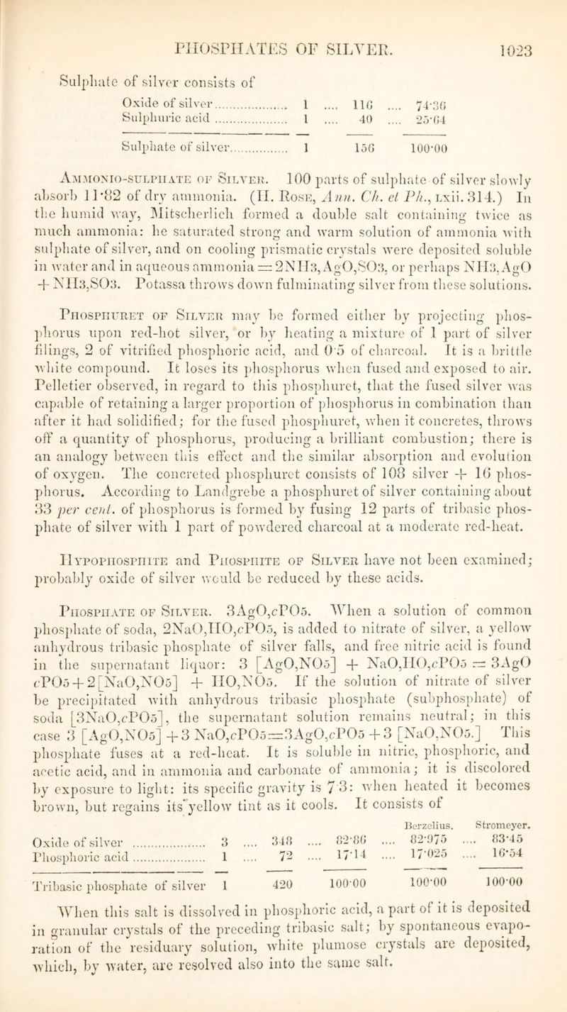 Sulphate of silver consists of Oxide of silver 1 Sulphuric acid I Sulphate of silver 1 lie 40 loG 74-:h) 25-G4 100-00 A.^imonio-sulpiiate of Silver. 100 parts of sulphate of silver slowly ahsorh 11*82 of dry ammonia. (II. Rose, A nn. Ch. cl Ph.^ Lxii. ,314.) In the humid way, IMltscherlich formed a double salt containing twice as much ammonia: lie saturated strong and warm solution of ammonia with sulphate of silver, and on cooling prismatic crystals were deposited soluble in water and in aqueous ammonia “ 2NIIg, AgO,S(33, or perhaps Alld. AgO -I Nila ,S03. Potassa tlnows down fulminating silver from these solutions. Piiospiiuret of Silver may he formed either by projecting phos- ])horus upon red-hot silver, or by lieating a mixture of 1 part of silver filings, 2 of vitrified phosphoric acid, and 0'5 of charcoal. It is a brittle white compound. It loses its ])hosphorus when fused and exposed to air. Pelletier observed, in regard to this phosphuret, that the fused silver was capable of retaining a larger proportion of phosphorus in combination than after it had solidified; for the fused phosjihuret, when it concretes, throws off a quantity of phosphorus, producing a brilliant combustion; there is an analogy betiveen this effect and the similar absorption and evolution of oxygen. The concreted phosphuret consists of 108 silver -f 16 phos- phorus. According to Lamlgrebe a phosphuret of silver containing about 33 per cent, of phosphorus is formed by fusing 12 parts of tribasic phos- phate of silver wdth 1 part of powdered charcoal at a moderate red-heat. IlvpopnospniTE and PiiospiiiTE op Silver have not been examined; probably oxide of silver would be reduced by these acids. Phosphate of Silver. 3Ag0,cP05. When a solution of common phosphate of soda, 2Na0,II0,cP05, is added to nitrate of silver, a yellow anhydrous tribasic phosphate of silver falls, and free nitric acid is found in the supernatant liquor: 3 [x\gO,NOd] -f- NaO,IIO,cP05 rr; 3Ag() c’POo-f 2[NaO,N05] + IIO,N05. If the solution of nitrate of silver be precipitated Avith anhydrous tribasic phosphate (subphosphate) of soda [3iShi0,cP05], the supernatant solution remains neutral; in this case 3 [AgO,N05] -p3 Na0,cP05=3Ag0,cP05 +3 [NaO,NOG.] ^ This phosphate fuses at a red-heat. It is soluble in nitric, phosphoric, and acetic acid, and in ammonia and carbonate of ammonia; it is discolored by exposure to light: its specific gravity is 7 8: Avhen heated it becomes brown, but regains its*yellow tint as it cools. It consists of Oxide of silver 3 I’liosplioric acid 1 1 348 72 420 82-80 17-14 100-00 Rerzclius. 82-073 17 023 100-00 Stromeyer. . 83-45 . lG-34 100-00 Tribasic phosphate of silver AVhen this salt is dissolved in phosphoric acid, a part of it is deposited in granular crystals of the preceding tribasic salt; by spontaneous evapo- ration of the residuary solution, Avhite plumose crystals are deposited, Avhich, by Avater, are resolved also into the same salt.