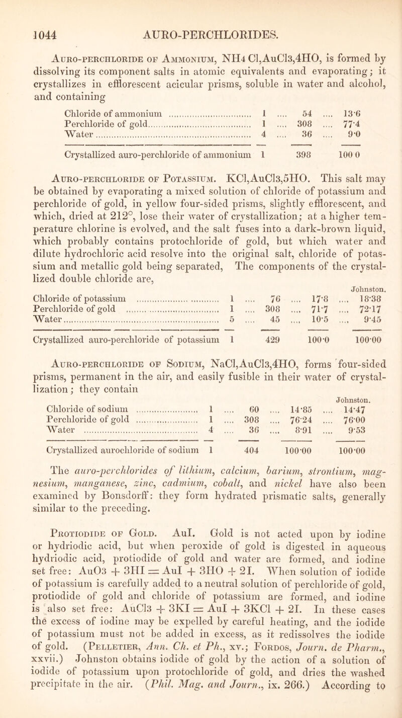 Auro-perchloride of Ammonium, NH4 Cl,AuCl3,4HO, is formed by dissolving its component salts in atomic equivalents and evaporating; it crystallizes in efflorescent acicular prisms, soluble in water and alcohol, and containing Chloride of ammonium 1 .... 54 .... 13'6 Perchloride of gold 1 .... 308 .... 77'4 Water 4 .... 36 .... 9*0 Crystallized auro-perchloride of ammonium 1 398 100 0 Auro-PERCHLORIDE OF PoTASSiUM. KCl,AuCl3,5HO. This salt may be obtained by evaporating a mixed solution of chloride of potassium and perchloride of gold, in yellow four-sided prisms, slightly efflorescent, and which, dried at 212°, lose their water of crystallization; at a higher tem- perature chlorine is evolved, and the salt fuses into a dark-brown liquid, which probably contains protochloride of gold, but which water and dilute hydrochloric acid resolve into the original salt, chloride of potas- sium and metallic gold being separated. The components of the crystal- lized double chloride are. Johnston. Chloride of potassium 1 .... 76 .... 17‘8 .... 18‘38 Perchloride of gold 1 .... 308 .... 7P7 .... 72’17 Water 5 45 .... 10-5 .... 9*45 Crystallized auro-perchloride of potassium 1 429 100‘0 lOO’OO Auro-perchloride of Sodium, NaCl,AuCl3,4HO, forms four-sided prisms, permanent in the air, and easily fusible in their water of crystal- lization; they contain Johnston. Chloride of sodium 1 .... 60 .... 14’85 .... 14*47 Perchloride of gold 1 .... 308 .... 76‘24 .... 76*00 Water 4 .... 36 .... 8*91 .... 9*53 Crystallized aurocliloride of sodium 1 404 100*00 100*00 The auro-'perchlorides of lithium^ calcium., barium.^ slroniium., mag- nesium., manganese, zinc, cadmium, cobalt, and nickel have also been examined by Bonsdorff: they form hydrated prismatic salts, generally similar to the preceding. Protiodide of Gold. AuI. Gold is not acted upon by iodine or hydriodic acid, but when peroxide of gold is digested in aqueous hydriodic acid, protiodide of gold and water are formed, and iodine set free: Au03 -j- 3111 nr AuI -{- 3110 -1-21. When solution of iodide of 23otassium is carefully added to a neutral solution of perchloride of gold, protiodide of gold and chloride of potassium are formed, and iodine is also set free: AuCl3 -h 3KI = AuI + 3KC1 -1- 21. In these cases the excess of iodine may be expelled by careful heating, and the iodide of potassium must not be added in excess, as it redissolves the iodide of gold. (Pelletier, Aim. Ch, et Ph., xv.; Fordos, Journ. de PJiarm., xxvii.) Johnston obtains iodide of gold by the action of a solution of iodide of potassium upon protochloride of gold, and dries the washed precipitate in the air. {Phil. Mag. and Journ., ix. 266.) According to