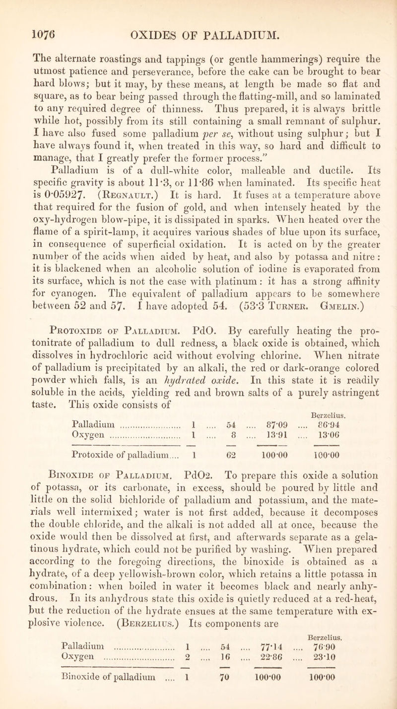 The alternate roastings and tappings (or gentle hammerings) require the utmost patience and perseverance, before the cake can be brought to bear hard blows; but it may, by these means, at length be made so flat and square, as to bear being passed through the flatting-mill, and so laminated to any required degree of thinness. Thus prepared, it is always brittle while hot, possibly from its still containing a small remnant of sulphur. I have also fused some palladium per se^ without using sulphur; but I have always found it, when treated in this way, so hard and difficult to manage, that I greatly prefer the former process.'’ Palladium is of a dull-white color, malleable and ductile. Its specific gravity is about 11'3, or 11 *86 when laminated. Its specific heat is 0‘05927. (Regnault.) It is hard. It fuses at a temperature above that required for the fusion of gold, and when intensely heated by the oxy-hydrogen blow-pipe, it is dissipated in sparks. When heated over the flame of a spirit-lamp, it acquires various shades of blue upon its surface, in consequence of superficial oxidation. It is acted on by the greater number of the acids when aided by heat, and also by potassa and nitre ; it is blackened when an alcoholic solution of iodine is evaporated from its surface, which is not the case with platinum: it has a strong affinity for cyanogen. The equivalent of palladium appears to be somewhere between 52 and 57. I have adopted 54. (53’3 Turner. Gmelin.) Protoxide of Palladium. PdO. By carefully heating the pro- tonitrate of palladium to dull redness, a black oxide is obtained, wffiich dissolves in hydrochloric acid without evolving chlorine. When nitrate of palladium is precipitated by an alkali, the red or dark-orange colored powder which falls, is an hydrated oxide. In this state it is readily soluble in the acids, yielding red and brown salts of a purely astringent taste. This oxide consists of Palladium . 1 .... 54 .... 87-09 . Berzelius. ... 86-94 Oxygen . 1 .... 8 .... 13-91 . ... 13-06 Protoxide of palladium,.., 1 62 100-00 iOO-00 Binoxide of Palladium. Pd02. To prepare this oxide a solution of potassa, or its carbonate, in excess, should be poured by little and little on the solid bichloride of palladium and potassium, and the mate- rials well intermixed; water is not first added, because it decomposes the double chloride, and the alkali is not added all at once, because the oxide would then be dissolved at first, and afterwards separate as a gela- tinous hydrate, which could not be purified by washing. When prepared according to the foregoing directions, the binoxide is obtained as a hydrate, of a deep yellowish-brown color, which retains a little potassa in combination: when boiled in water it becomes black and nearly anhy- drous. In its anhydrous state this oxide is quietly reduced at a red-heat, but the reduction of the hydrate ensues at the same temperature with ex- plosive violence. (Berzelius.) Its components are Berzelius. Palladium 1 .... 54 .... 77*14 .... 76 90 Oxygen 2 .... 16 .... 22-86 .... 23*10 Binoxide of palladium .... 1 70 100*00 100-00