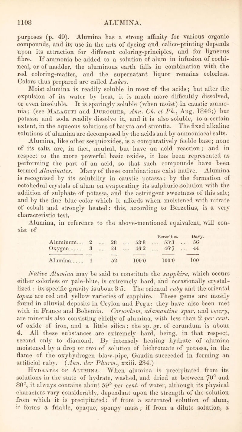 purposes (p. 49). Alumina has a strong affinity for various organic compounds, and its use in the arts of dyeing and calico-printing depends upon its attraction for different coloring-principles, and for ligneous fibre. If ammonia be added to a solution of alum in infusion of cochi- neal, or of madder, the aluminous earth falls in combination with the red coloring-matter, and the supernatant liq^uor remains colorless. Colors thus prepared are called Lakes. Moist alumina is readily soluble in most of the acids; but after the expulsion of its water by heat, it is much more difficultly dissolved, or even insoluble. It is sparingly soluble (when moist) in caustic ammo- nia; (see Malaguti and Durocher, Ann. Ch. et Ph.^ Aug. 1846;) but potassa and soda readily dissolve it, and it is also soluble, to a certain extent, in the aqueous solutions of baryta and strontia. The fixed alkaline solutions of alumina are decomposed by the acids and by arnmoniacal salts. Alumina, like other sesquioxides, is a comparatively feeble base; none of its salts are, in fact, neutral, but have an acid reaction; and in respect to the more powerful basic oxides, it has been represented as performing the part of an acid, so that such compounds have been termed Alimiinates. Many of these combinations exist native. Alumina is recognised by its solubility in caustic potassa; by the formation of octohedral crystals of alum on evaporating its sulphuric -solution with the addition of sulphate of potassa, and the astringent sweetness of this salt; and by the fine blue color which it affords when moistened with nitrate of cobalt and strongly heated: this, according to Berzelius, is a very characteristic test. Alumina, in reference to the above-mentioned equivalent, will con- sist of Berzelius. Davy. Aluminum.,.. 2 .... 28 .... 53'8 .... 53’3 .... 56 Oxygen 3 .... 24 .... 46'2 .... 46’7 .... 44 Alumina 1 52 lOO'O 1000 100 Native Alumina may be said to constitute the sapphire^ which occurs either colorless or pale-blue, is extremely hard, and occasionally crystal- lized : its specific gravity is about 3*5. The oriental ruby and the oriental topaz are red and yellow varieties of sapphire. These gems are mostly found in alluvial deposits in Ceylon and Pegu: they have also been met with in France and Bohemia. Corundum., adamantine spar., and emery, are minerals also consisting chiefly of alumina, with less than 2 per cent. of oxide of iron, and a little silica: the sp. gr. of corundum is about 4. All these substances are extremely hard, being, in that respect, second only to diamond. By intensely heating hydrate of alumina moistened by a drop or two of solution of bichromate of potassa, in the flame of the oxyliydrogen blow-pij^e, Gaudin succeeded in forming an artificial ruby. {Ann. der Pharm., xxiii. 234.) Hydrates op Alumina. When alumina is jirecipitated from its solutions ill the state of hydrate, washed, and dried at between and 80^, it always contains about 59° per cent, of water, although its physical characters vary considerably, dependant upon the strength of the solution from which it is precipitated: if from a saturated solution of alum, it forms a friable, opaque, spongy mass; if from a dilute solution, a