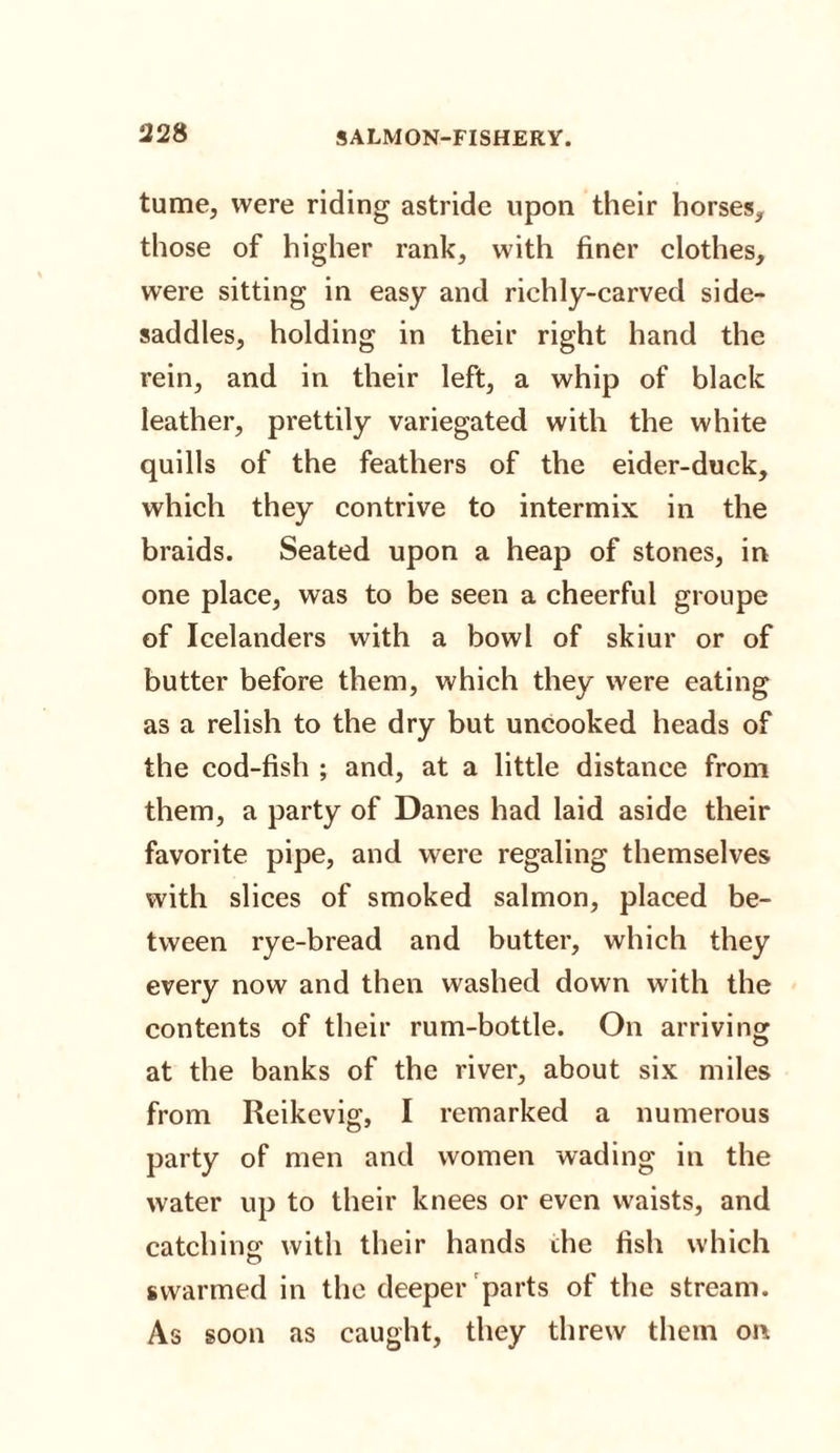 tume, were riding astride upon their horses, those of higher rank, with finer clothes, were sitting in easy and richly-carved side¬ saddles, holding in their right hand the rein, and in their left, a whip of black leather, prettily variegated with the white quills of the feathers of the eider-duck, which they contrive to intermix in the braids. Seated upon a heap of stones, in one place, was to be seen a cheerful groupe of Icelanders with a bowl of skiur or of butter before them, which they were eating as a relish to the dry but uncooked heads of the cod-fish ; and, at a little distance from them, a party of Danes had laid aside their favorite pipe, and were regaling themselves with slices of smoked salmon, placed be¬ tween rye-bread and butter, which they every now and then washed down with the contents of their rum-bottle. On arriving at the banks of the river, about six miles from Reikcvig, I remarked a numerous party of men and women wading in the water up to their knees or even waists, and catching with their hands the fish which swarmed in the deeper parts of the stream. As soon as caught, they threw them on
