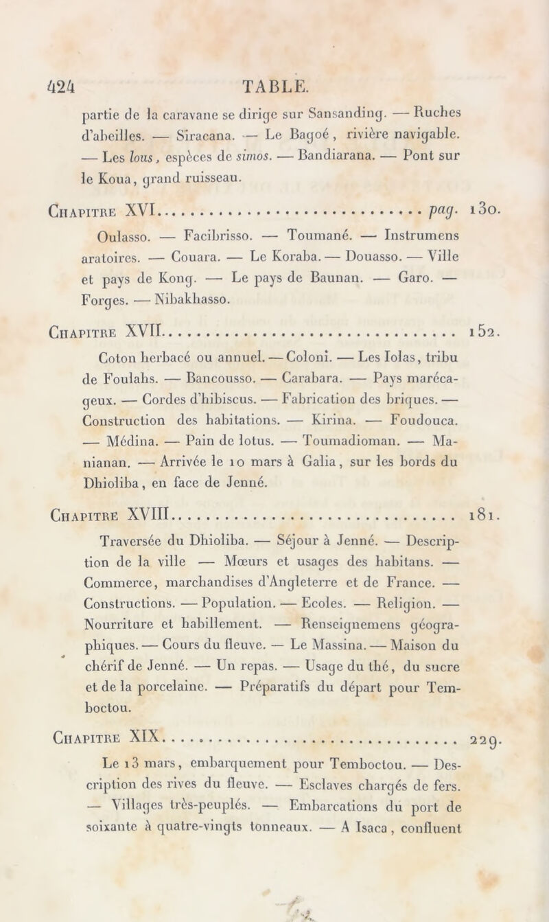 partie de la caravane se dirige sur Sansanding. — Ruches d’abeilles. — Siracana. — Le Bagoé, rivière navigable. — Les loiis, espèces de simos. — Bandiarana. — Pont sur le Koua, grand ruisseau. Chapitre XVI pag- i3o Oulasso. — Facibrisso. — Toumané. — Instrumens aratoires. — Couara. — Le Koraba. — Douasso. — Ville et pays de Kong. — Le pays de Bauuan. — Garo. — Forges. — Nibakbasso. Chapitre XVII 162 Coton lierbacé ou annuel. — Coloni. — Les lolas, tribu de Foulabs. — Bancousso. — Carabara. — Pays maréca- geux. — Cordes d’hibiscus. — Fabrication des briques. — Construction des habitations. — Kirina. — Foudouca. — Médina. — Pain de lotus. — Toumadioman. — Ma- nianan. — Arrivée le 10 mars à Galia, sur les boids du Dbioliba, en face de Jenué. Chapitre XVIII 181 Traversée du Dbioliba. — Séjour à Jenné. — Descrip- tion de la ville — Mœurs et usages des babitans. — Commerce, marchandises d’Angleterre et de France. — Constructions. — Population. — Ecoles. — Religion. — Nourriture et habillement. — Renseignemens géogra- phiques. — Cours du lleuve. — Le Massina. — Maison du chérif de Jenné. — Un repas. — Usage du thé, du sucre et de la porcelaine. — Préparatifs du départ pour Tem- boctou. Chapitre XIX 229 Le i3 mars, embarquement pour Temboctou. — Des- cription des rives du fleuve. — Esclaves chargés de fers. — Villages très-peuplés. — Embarcations du port de soixante k quatre-vingts tonneaux. — A Isaca, confluent